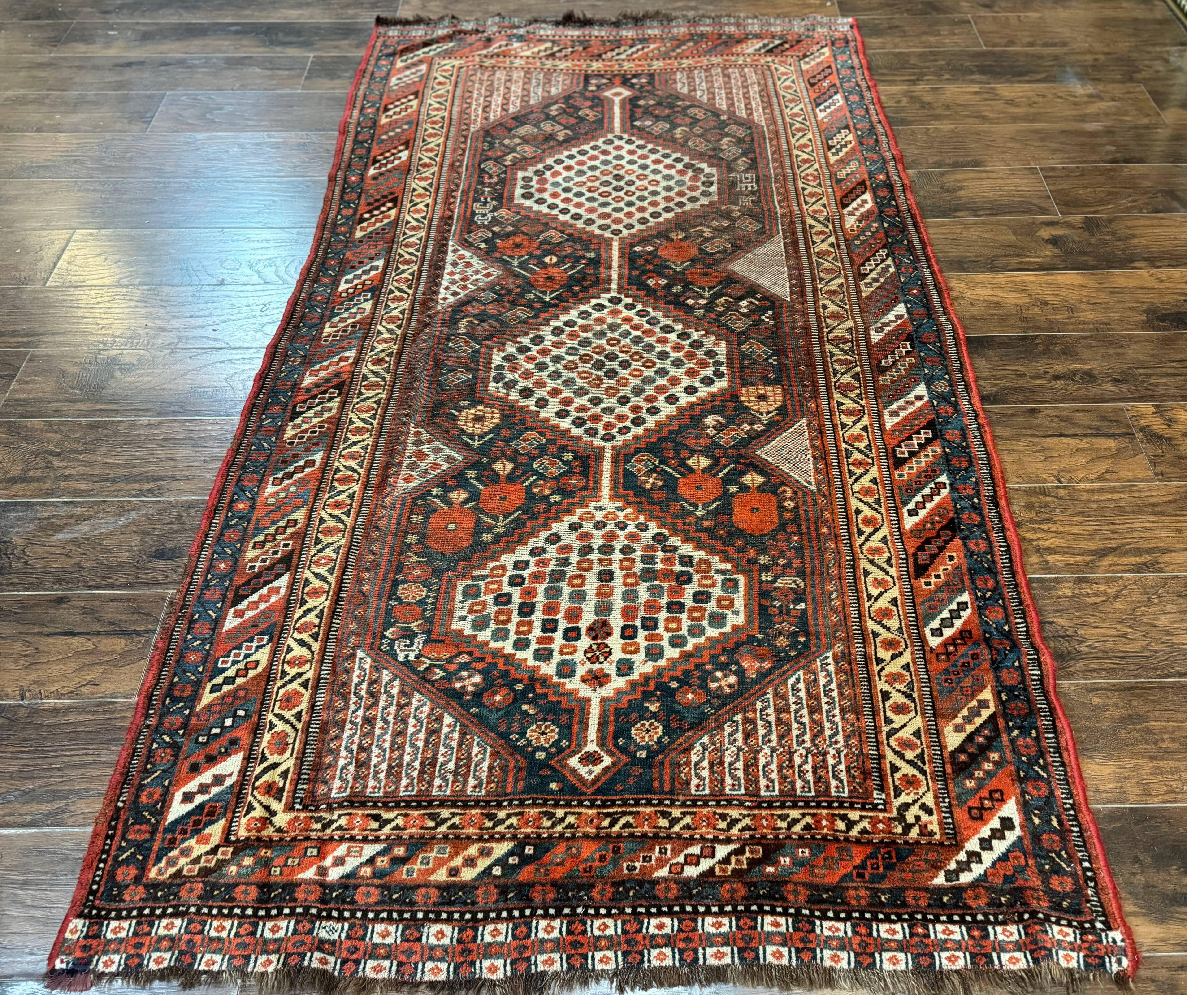 Antique Persian Shiraz Rug 5x8, Khamseh Tribal Wool 1920s Carpet, Navy Blue - Jewel Rugs