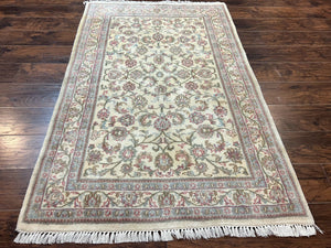 Indo Persian Rug 4x6, Vintage Handmade Wool Carpet, Floral Allover Pattern, Beige, Pair A