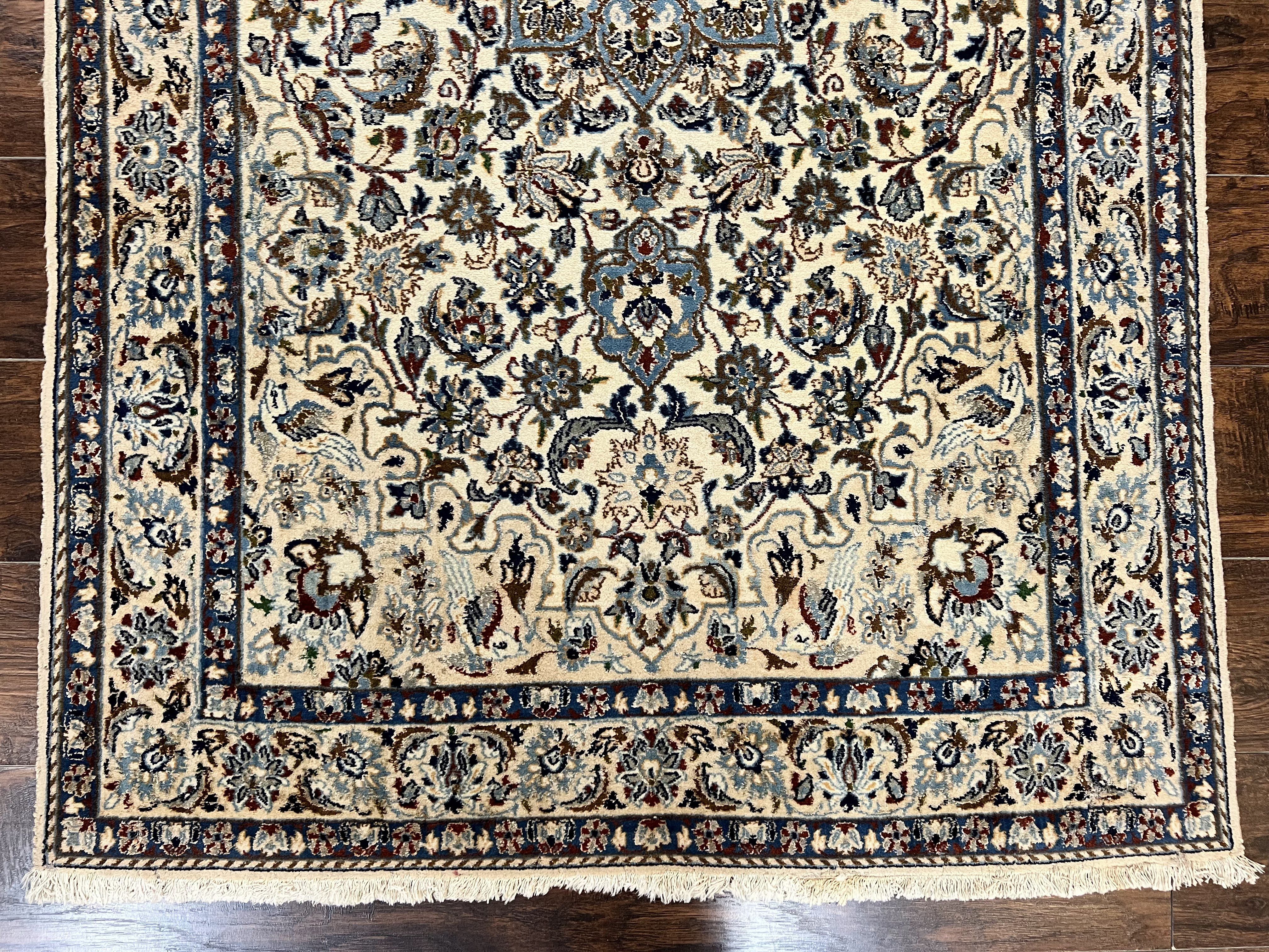 Persian Nain Rug 4x7, Floral Medallion Oriental Carpet 4 x 7 ft, Ivory Persian Rug, Handmade Hand Knotted Vintage, Wool & Silk Highlights, Birds - Jewel Rugs