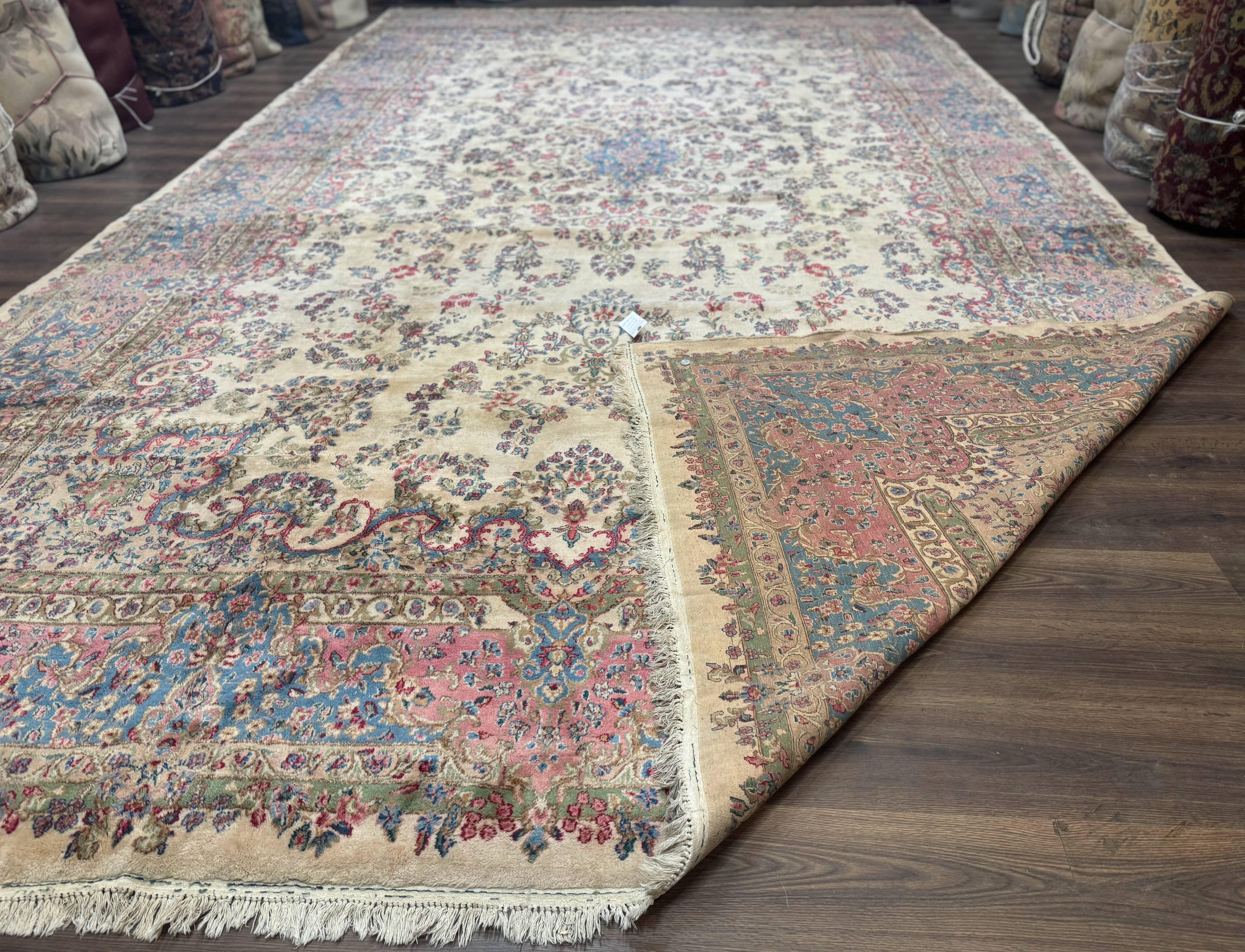 Palace Size Persian Kerman Rug 11x20 ft, Very Fine 340 KPSI, Vintage Oversized Wool Handmade Large Persian Carpet, Beige Light Blue Pink - Jewel Rugs