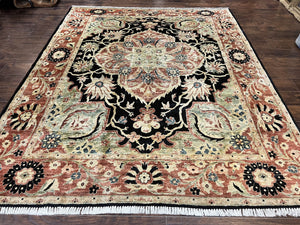 Pak Persian Rug 8x10, Pakistani Mahal Sultanabad Carpet, Signature from Master Weaver, Shiny Wool, Black Red Vintage Handmade Medallion Rug