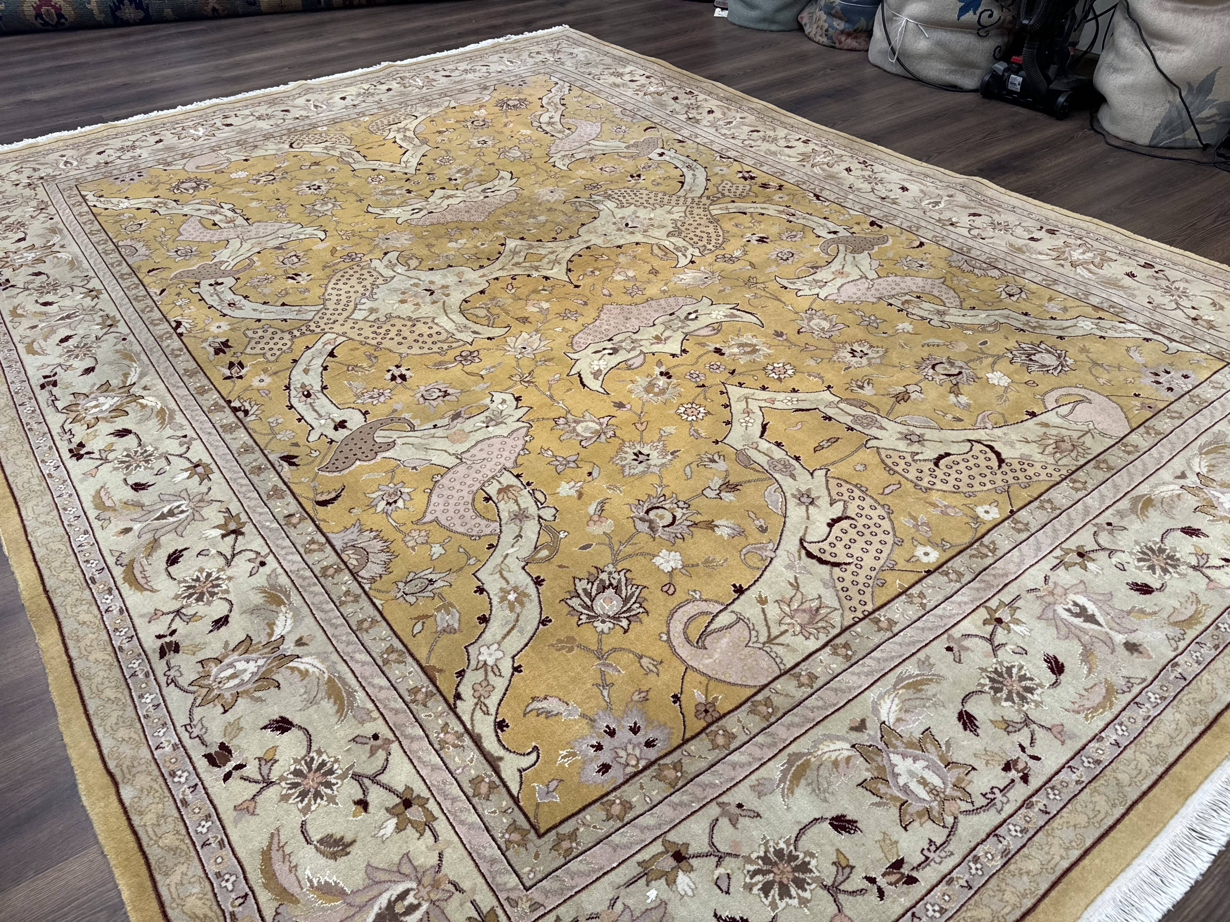 Sino Persian Rug 8x11, Wool with Silk Highlights, Unique Colors, Gold and Light Green, Fine 240 KPSI - Jewel Rugs