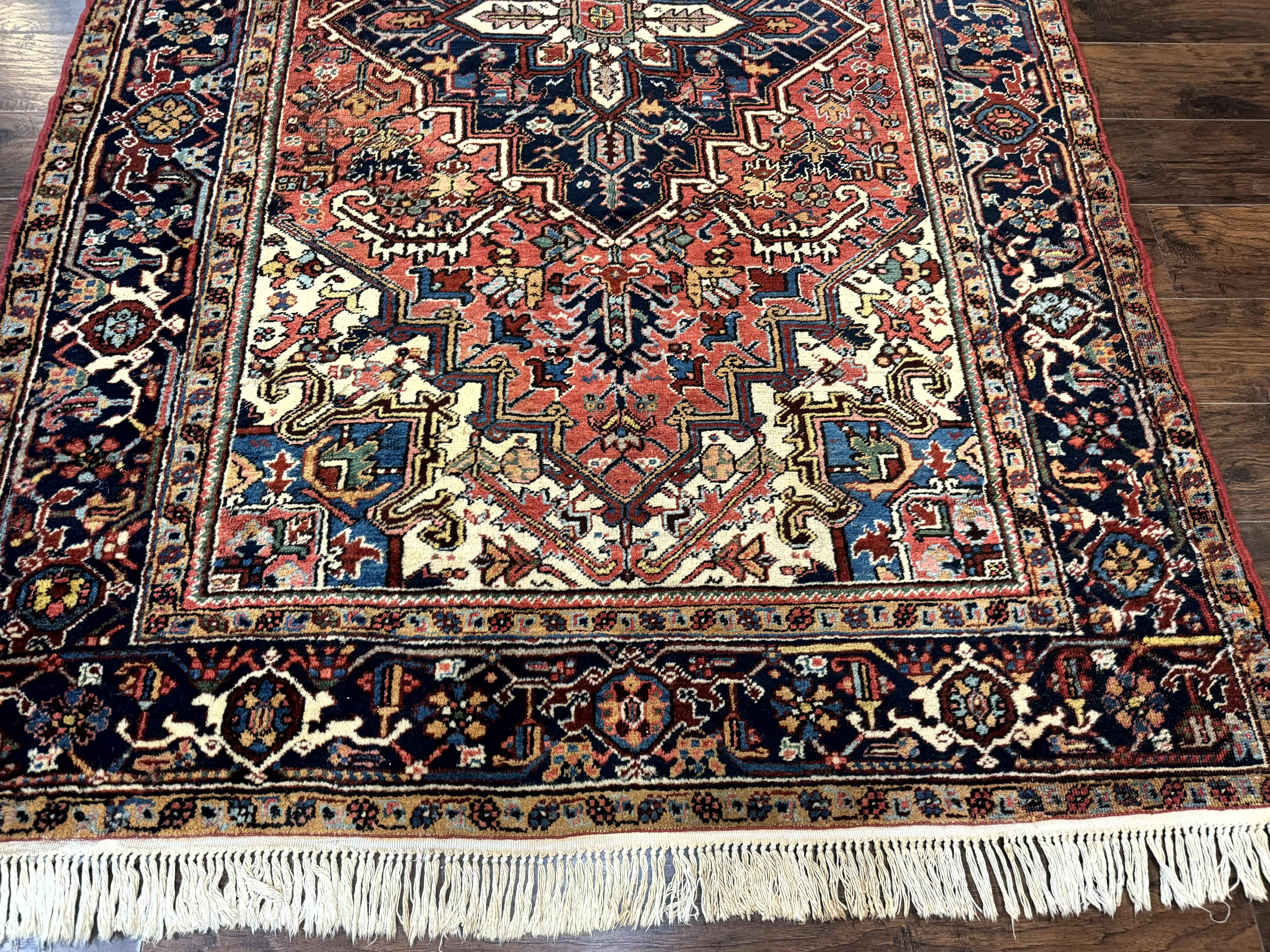 Antique Persian Heriz Rug 6x9, Red Navy Blue, Wool, Geometric Medallion - Jewel Rugs