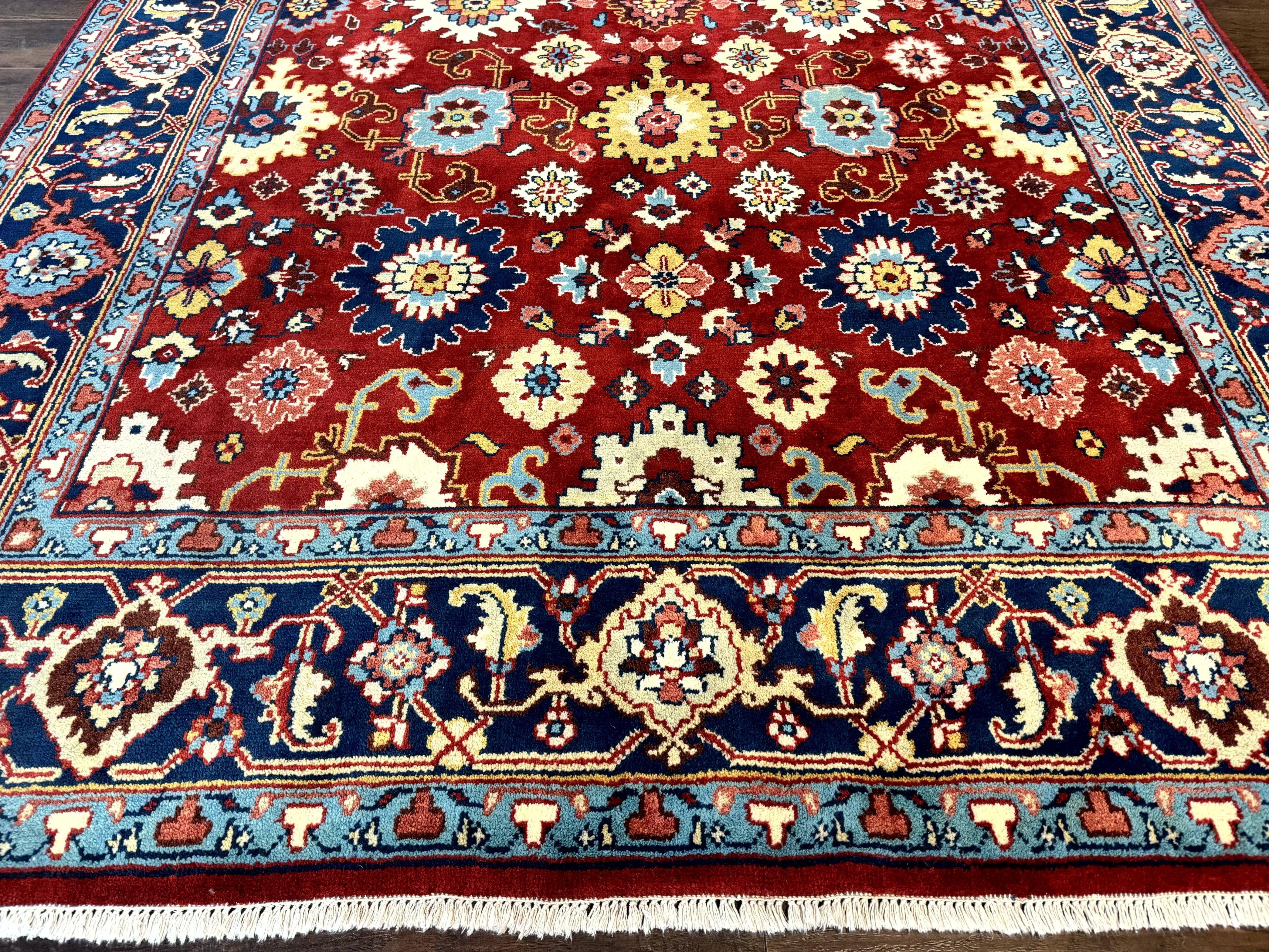 Indo Heriz Rug 8x10, Red and Navy Blue, Allover Pattern, Wool Handmade Carpet - Jewel Rugs