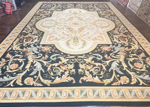 Extra Large Aubusson Rug 12x18, French European Design, Wool Handmade Vintage Carpet, Navy Blue & Ivory, 12 x 18 Palace Sized Aubusson Rug