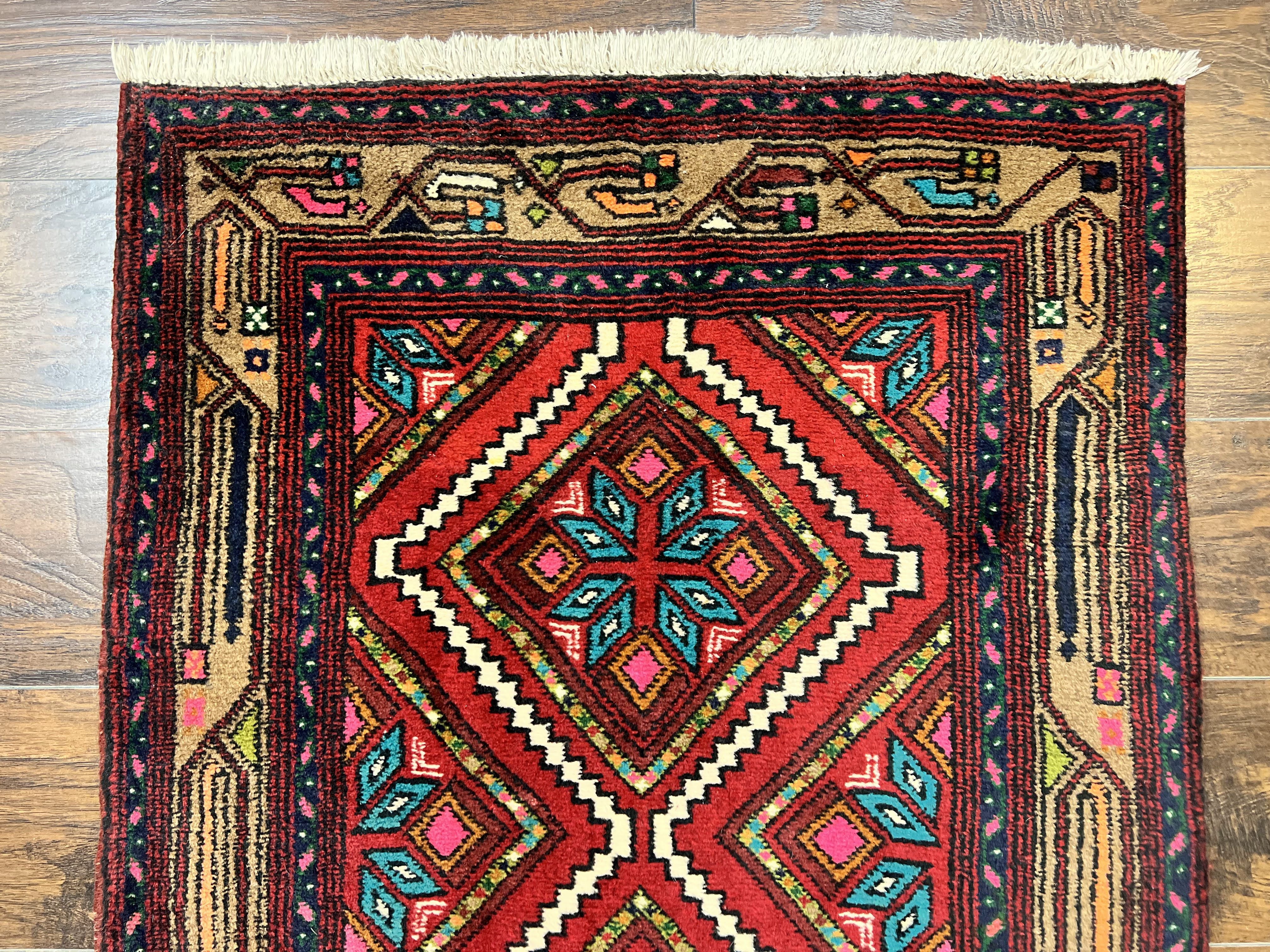 Persian Tribal Runner Rug 3x10, Red Camel Hair Navy Blue, Handmade Hand Knotted 10ft Wool Oriental Vintage Runner for Kitchen or Hallway, Persian Lilihan Hamadan Runner - Jewel Rugs