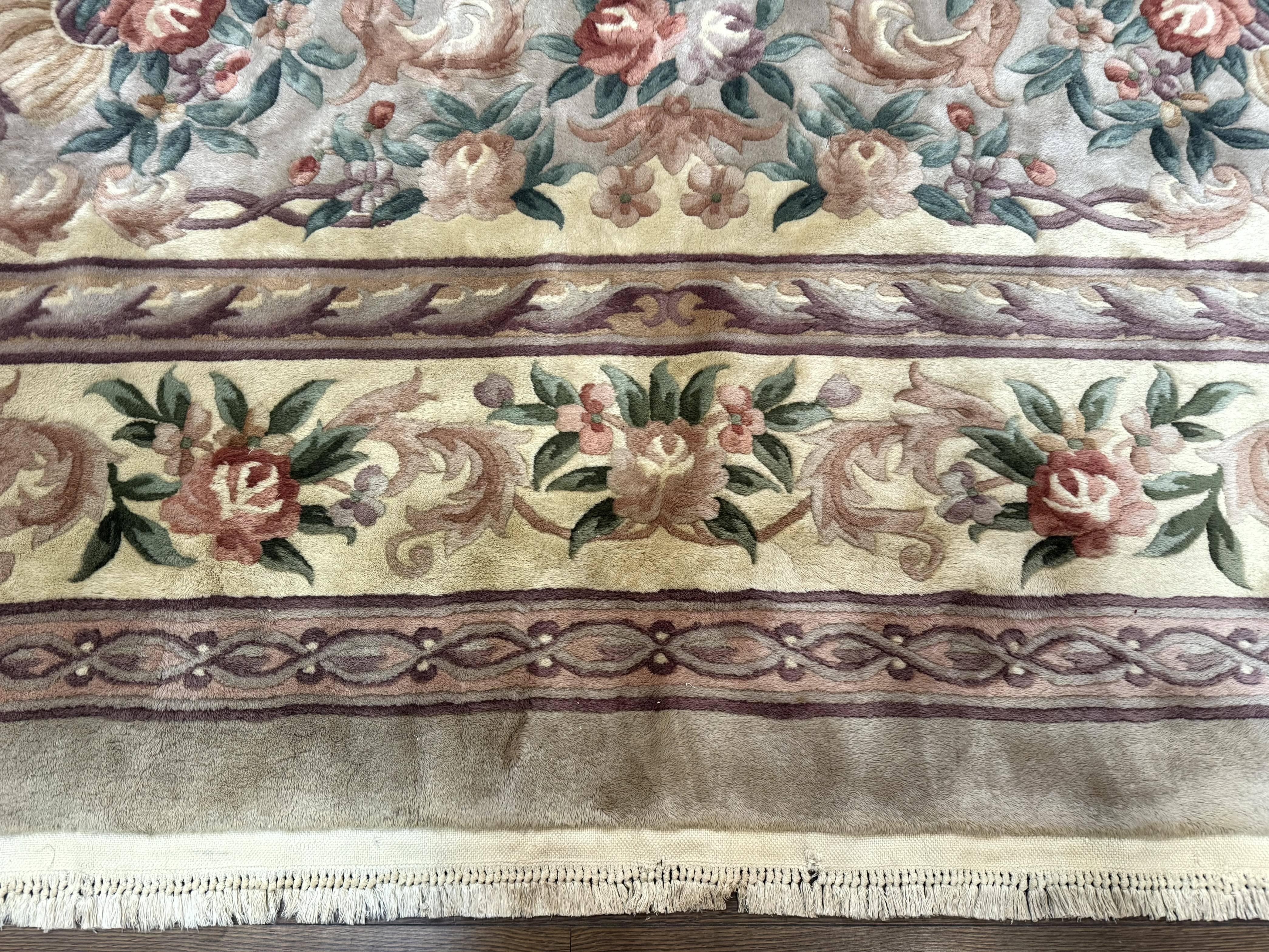 Chinese Aubusson Rug 10x14, Soft Thick Wool Pile, Gray and Beige, Floral, Vintage 1960s Chinese Wool Rug - Jewel Rugs