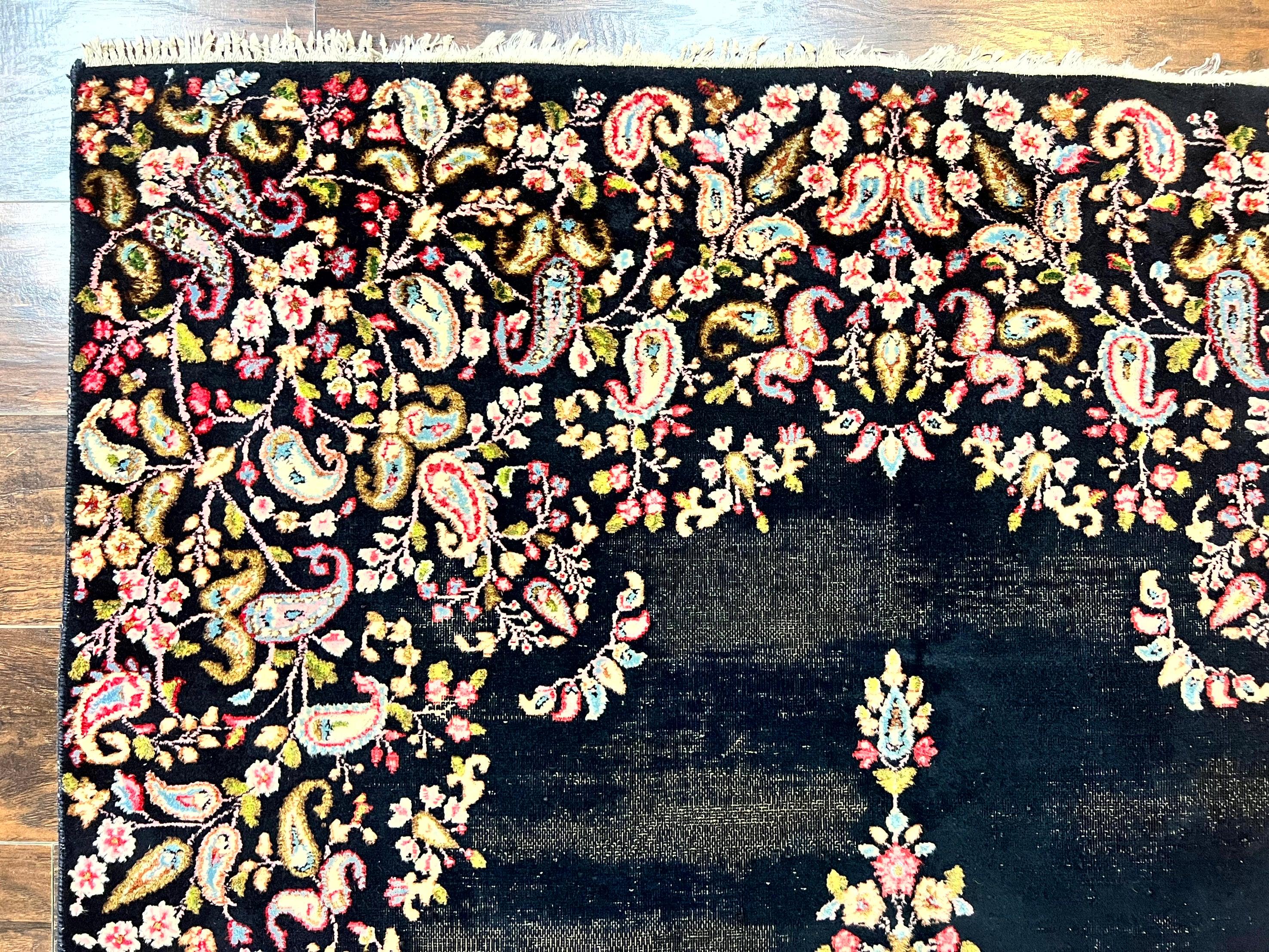 Antique Persian Kirman Rug 5x8, Floral Kirman, Midnight Blue/Black, Semi Open Field, Handmade Vintage Wool Carpet - Jewel Rugs