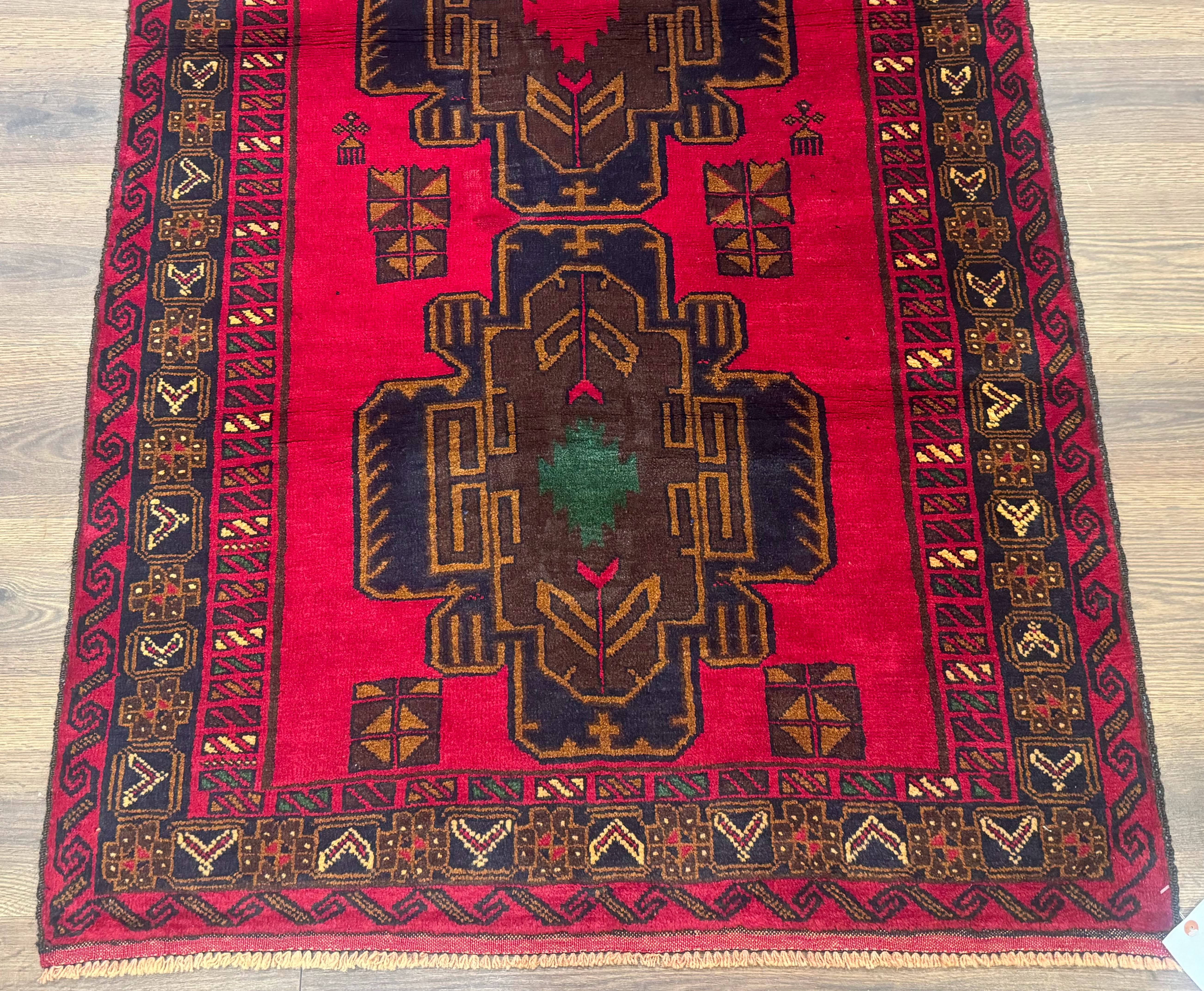 Red Afghan Balouch Rug 4x7, Triple Medallions, Handmade, New - Jewel Rugs