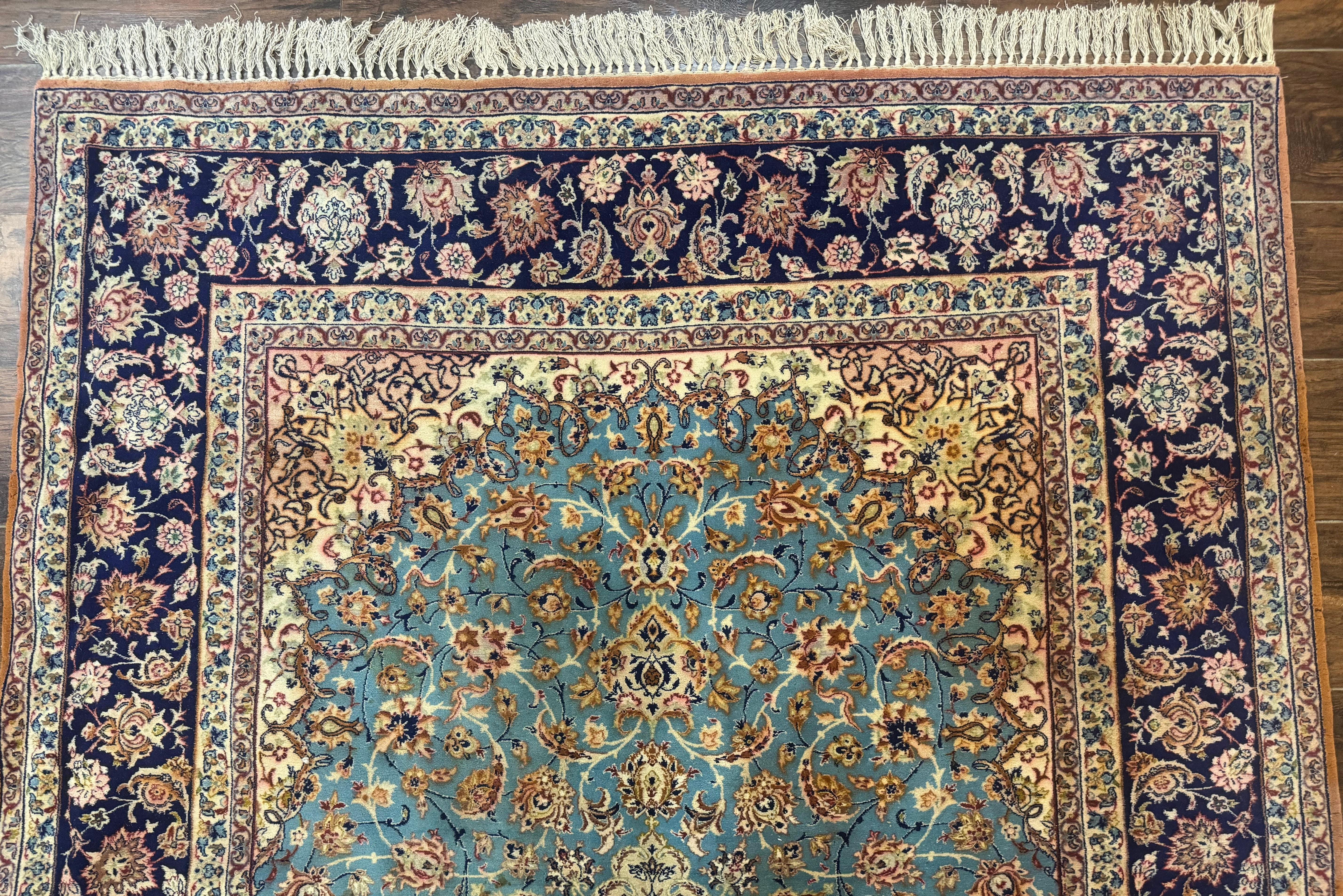 Light Blue Persian Isfahan Rug 5x8, Floral Medallion, Wool on Silk Foundation, Very Fine 530 KPSI, Handmade Carpet - Jewel Rugs