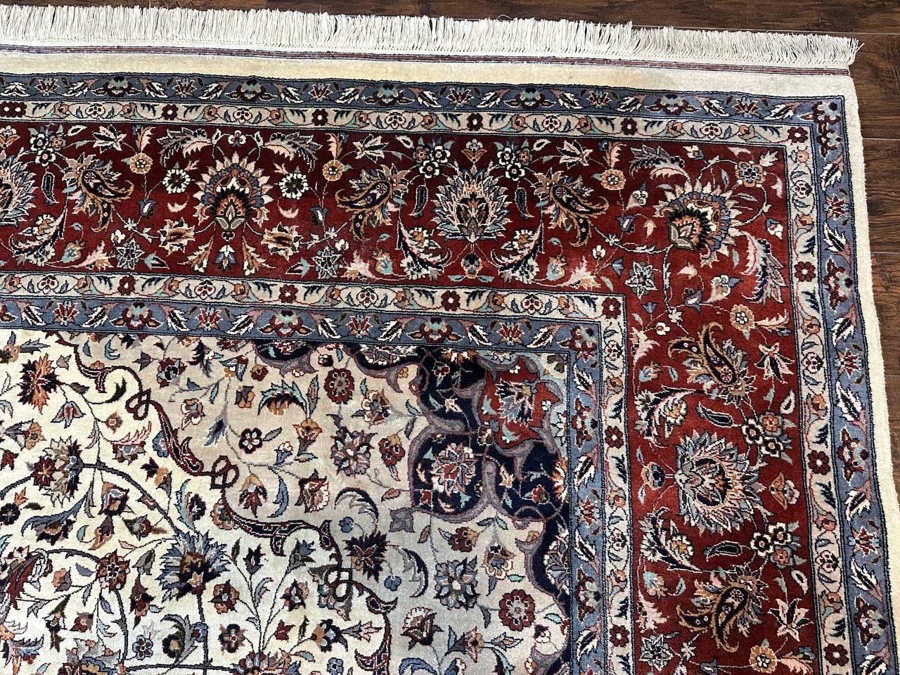 Sino Persian Rug 9x12, Vintage Wool Oriental Carpet, Floral Medallion, Wool Rug, Cream and Maroon - Jewel Rugs