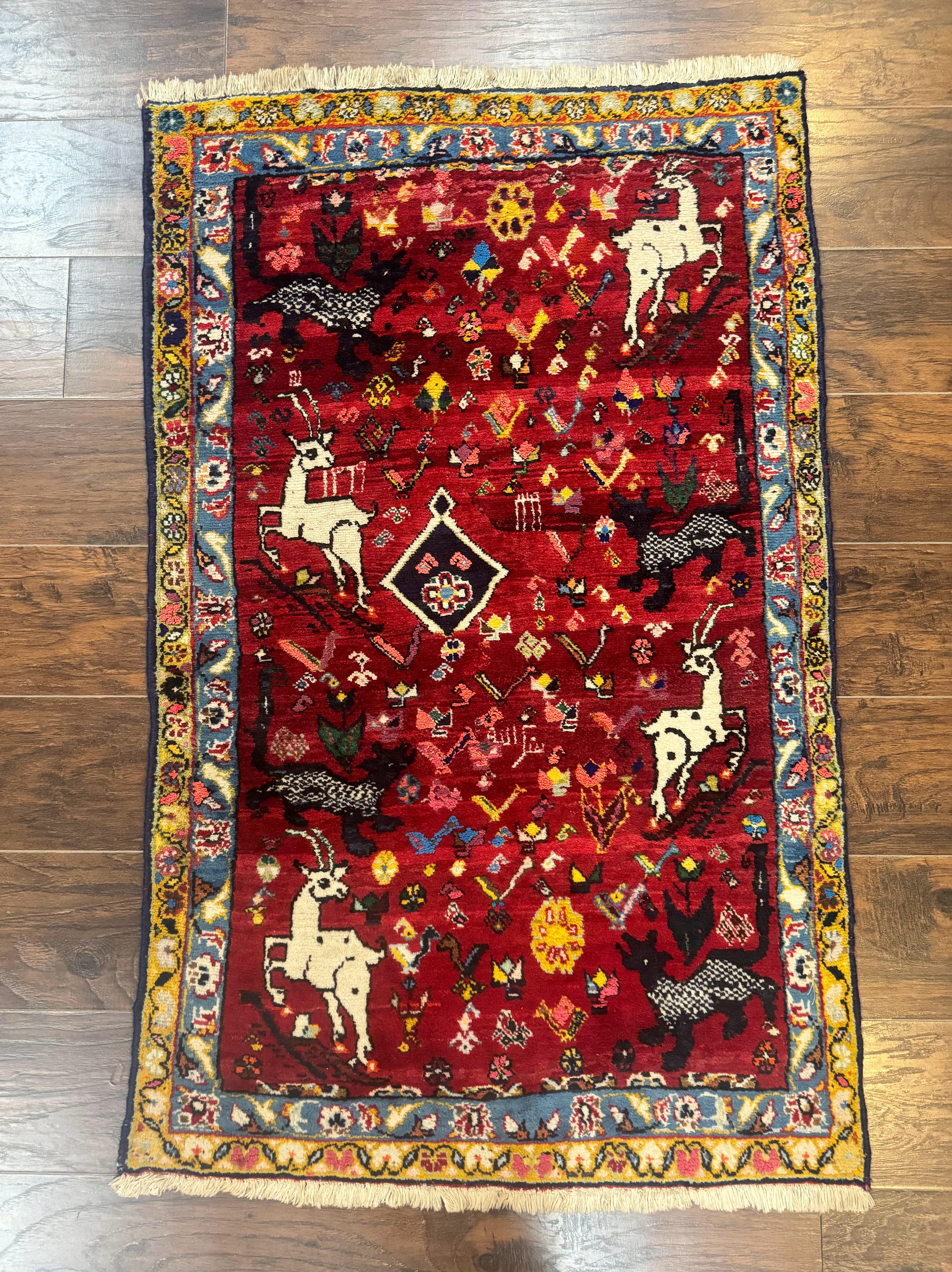 Persian Gabbeh Rug 3x5, Animal Pictorials, Wool and Silk, Handmade Vintage Small Rug, Red - Jewel Rugs