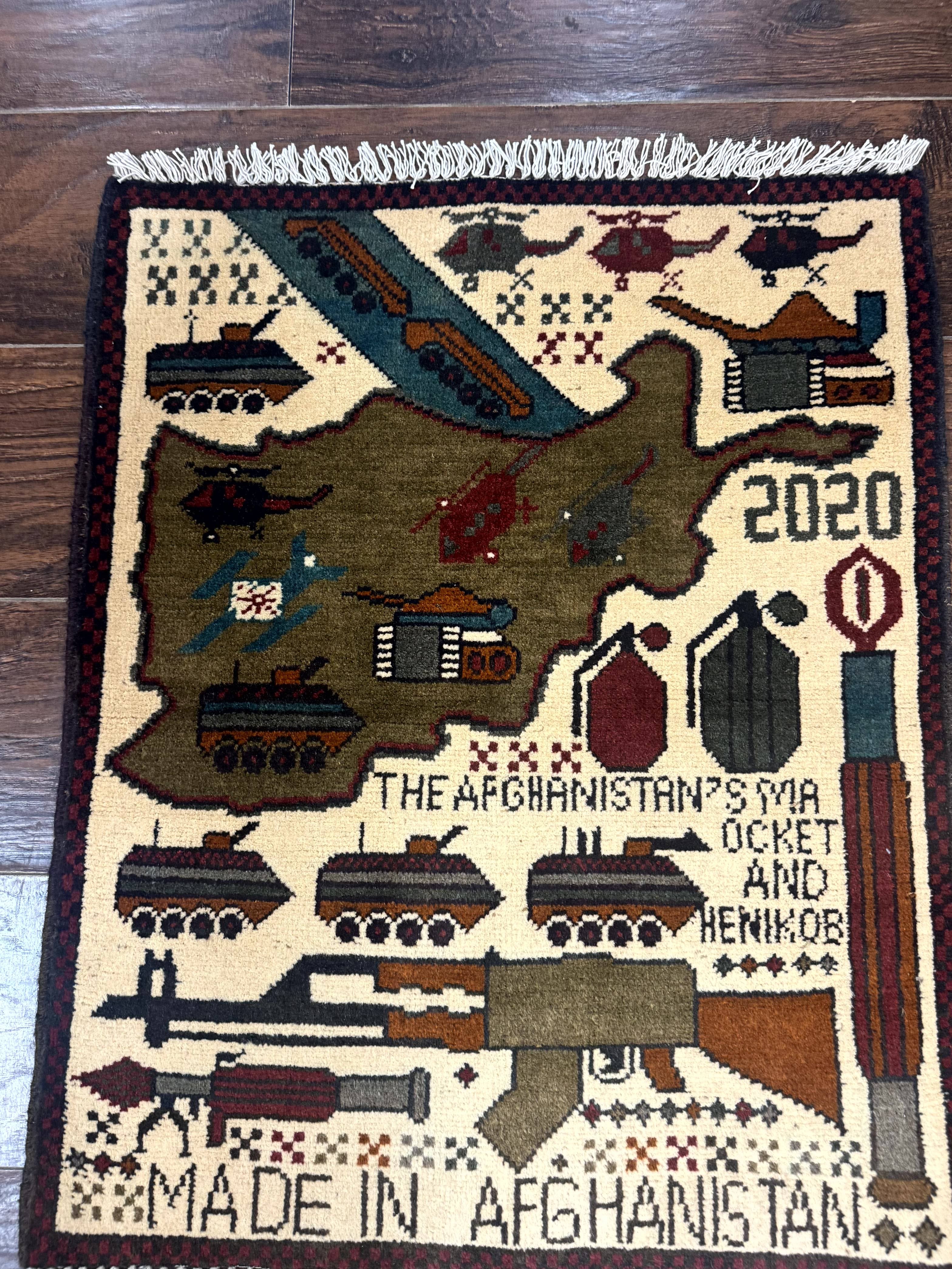 Afghan War Rug, Helicopters Tanks Guns, Handmade, Wool, 2x3 - Jewel Rugs