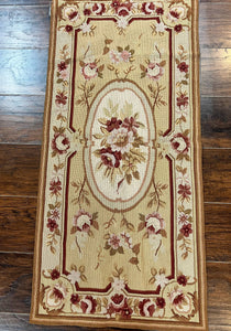 Small Needlepoint Rug 2x4, Wool Handmade Vintage Carpet, Beige Ivory Floral Roses Aubusson Rug