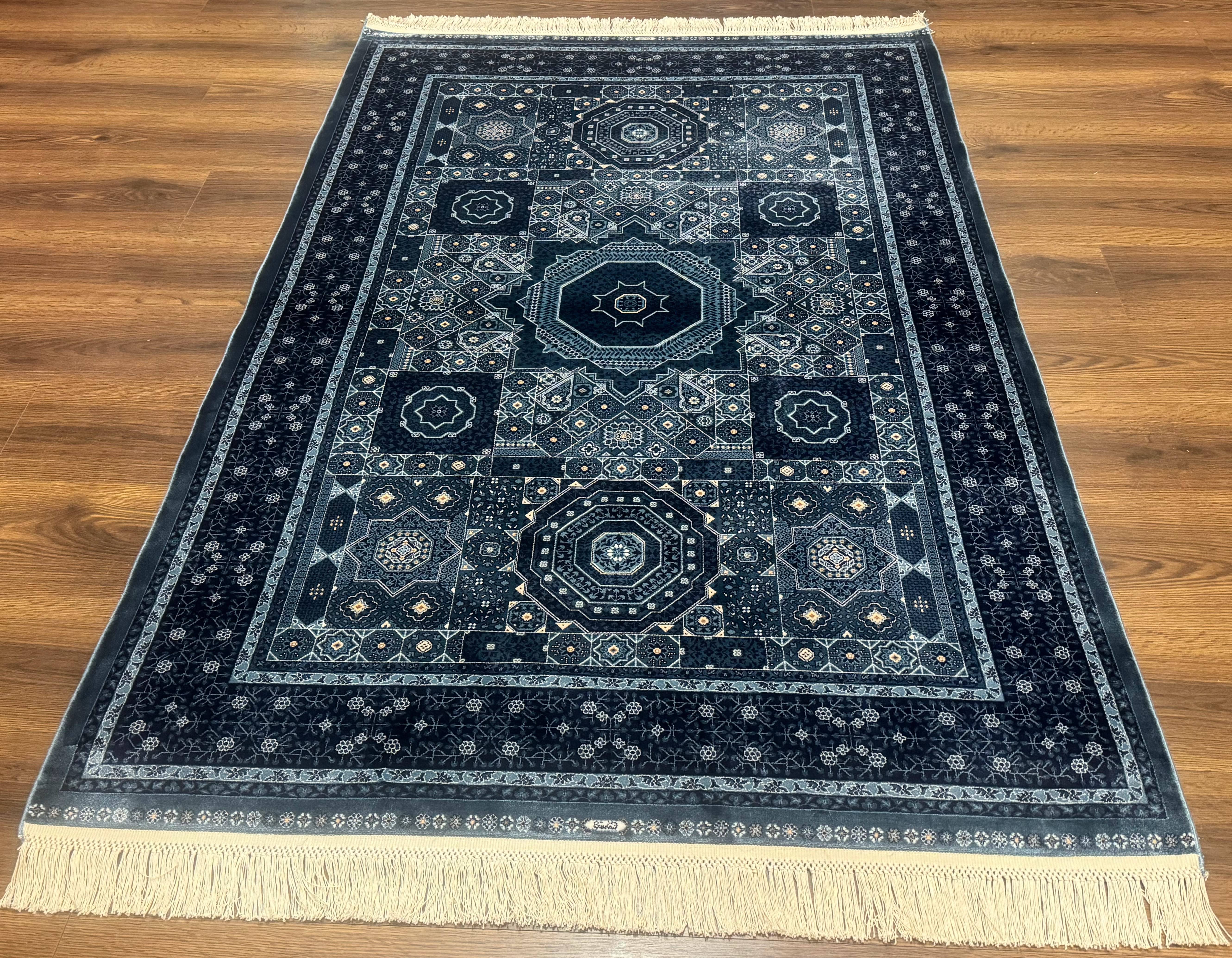 Turkish Silk Rug 4x6, Blue, Mamluk Silk Carpet, Bamboo Silk