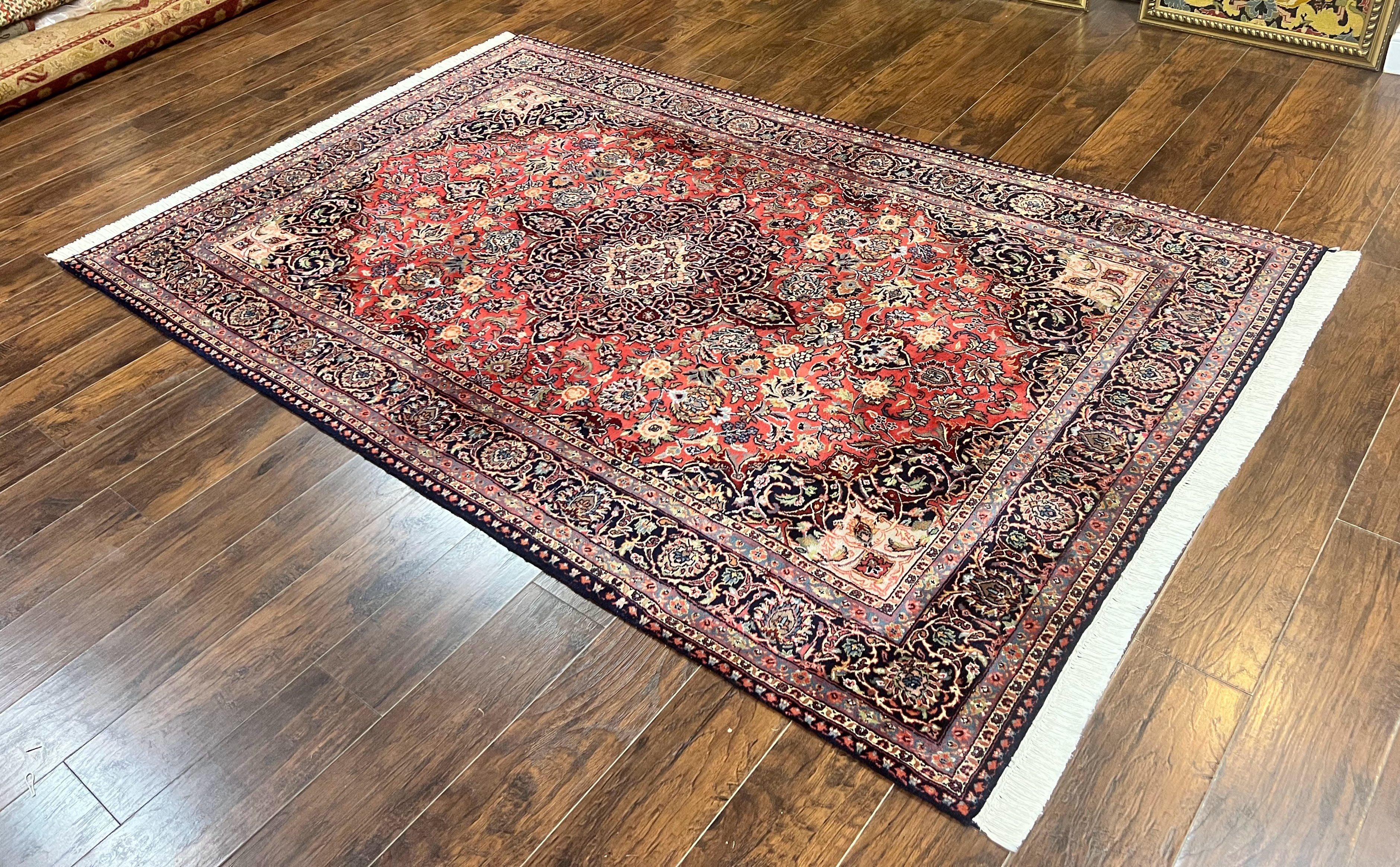 Persian Kashan Rug 6x9, Red and Dark Blue, Handmade Vintage Wool Carpet, Floral Medallion - Jewel Rugs
