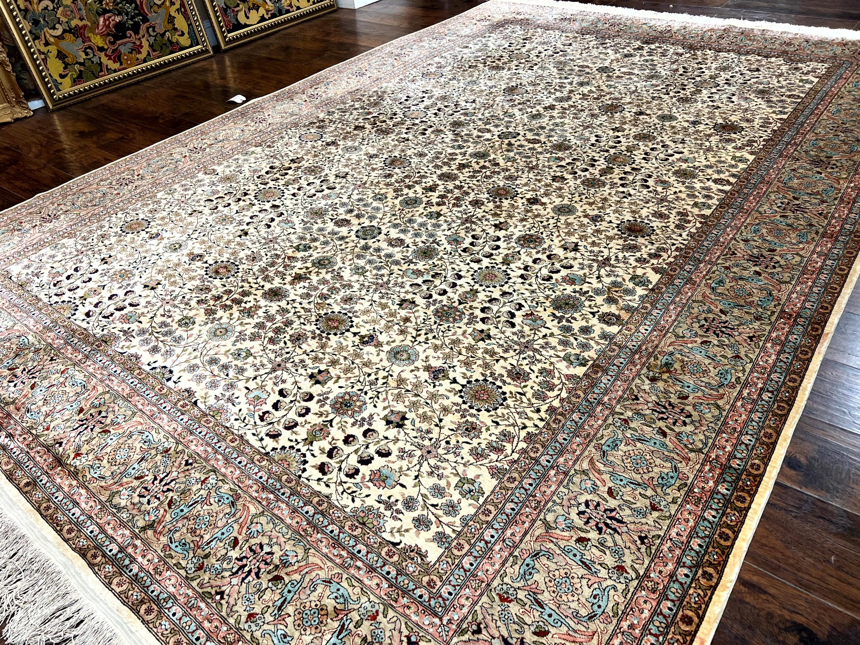 Wonderful Silk Hereke Rug 8x12, Silk Pile on Silk Foundation, Ivory/Cream, Floral Pattern, Handmade, Vintage - Jewel Rugs