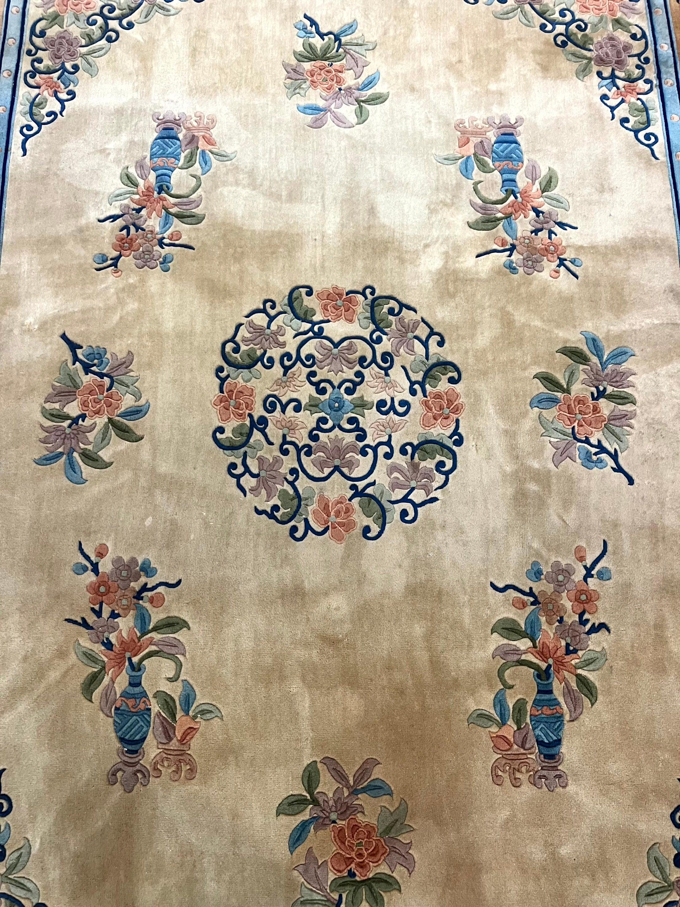 Chinese Wool Rug 8x11, Peking Asian Oriental Carpet, Cream/Ivory and Blue, Vintage Handmade Rug, Art Deco Rug - Jewel Rugs
