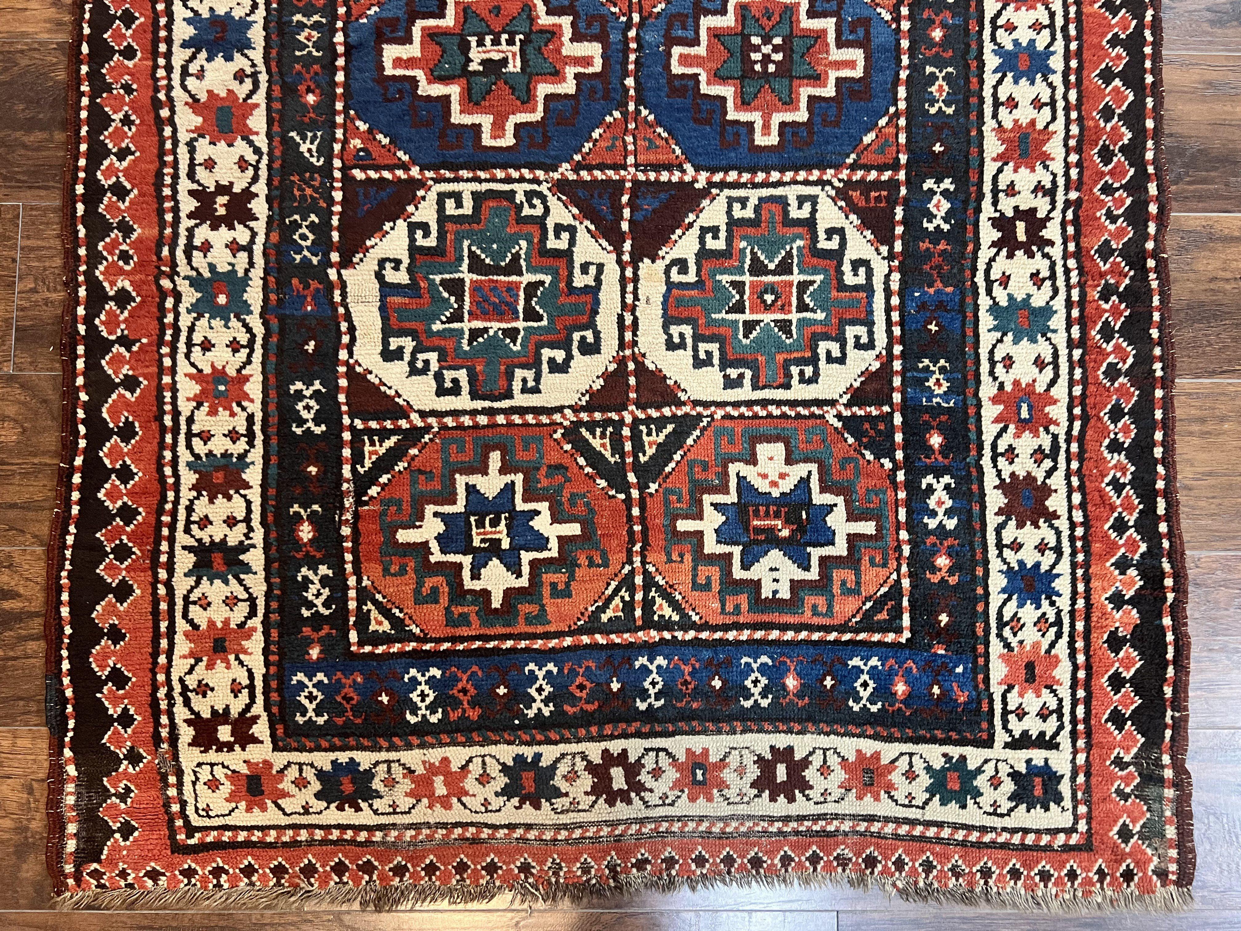 Antique Caucasian Kazak Runner Rug 4 x 9.5, Handmade Wool Rug for Hallway, Rare Colorful Panel Design Mid 19th Century 1870s Oriental Carpet - Jewel Rugs