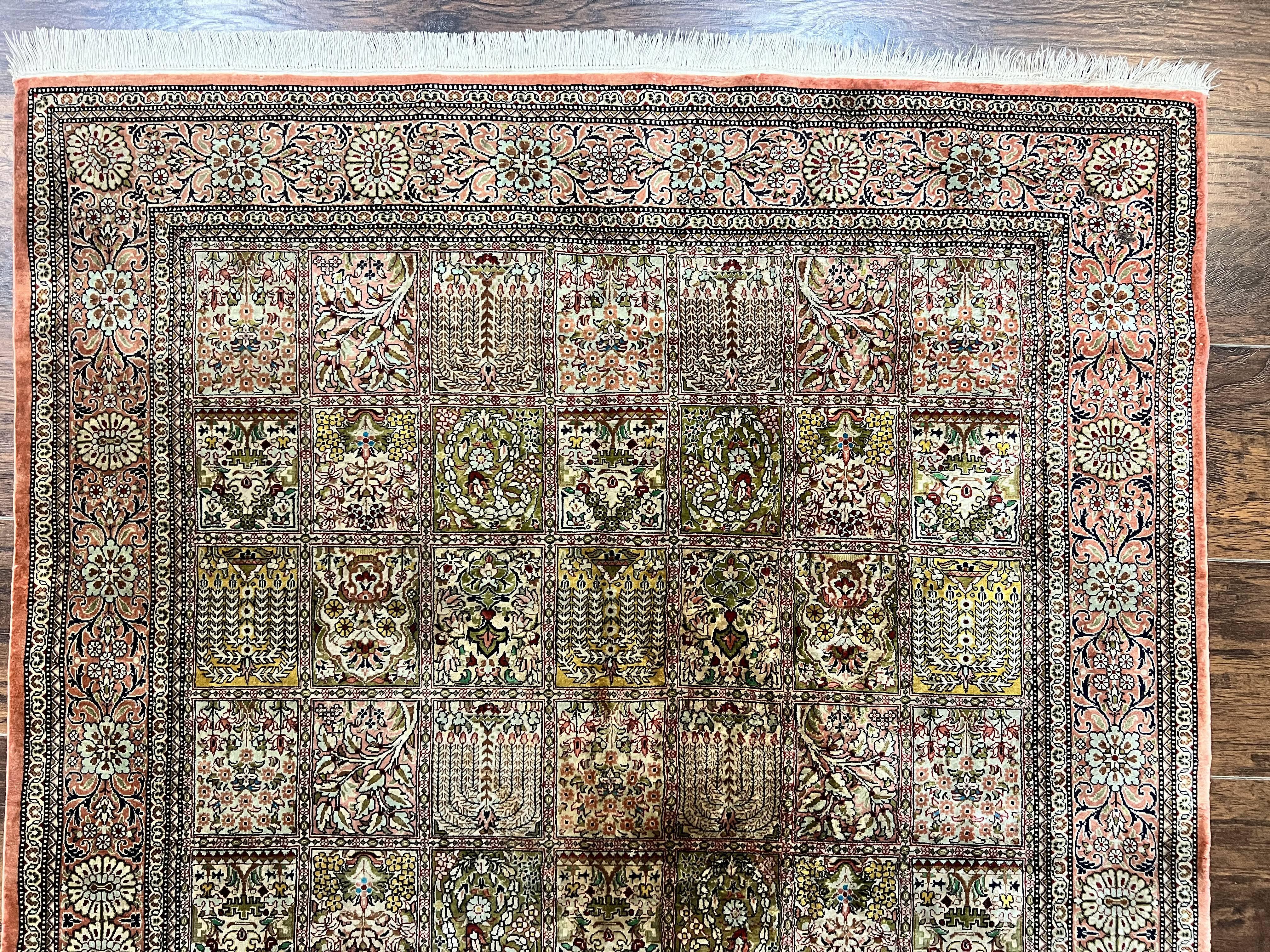 Magnificent Persian Silk Rug 3.7 x 5, Persian Qum Rug, Panel Design, Kheshti Garden, Extremely Fine 650 KPSI - 70 Raj, Hand Knotted, Vintage, Multicolor - Jewel Rugs