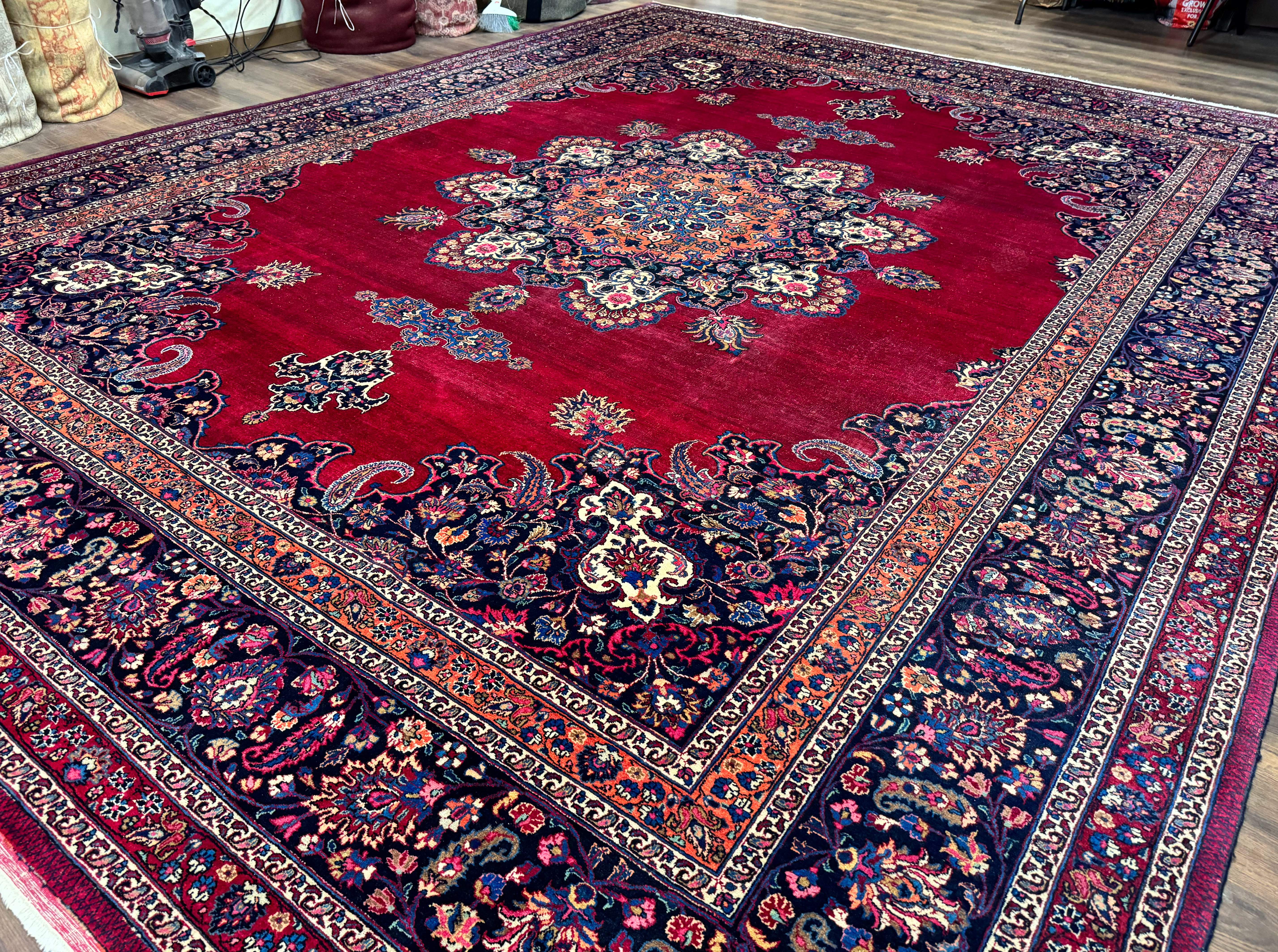 Antique Persian Mashad Rug 12x15, Palace Size Carpet, Wool Hand Knotted, Red and Navy Blue, Floral Medallion - Jewel Rugs