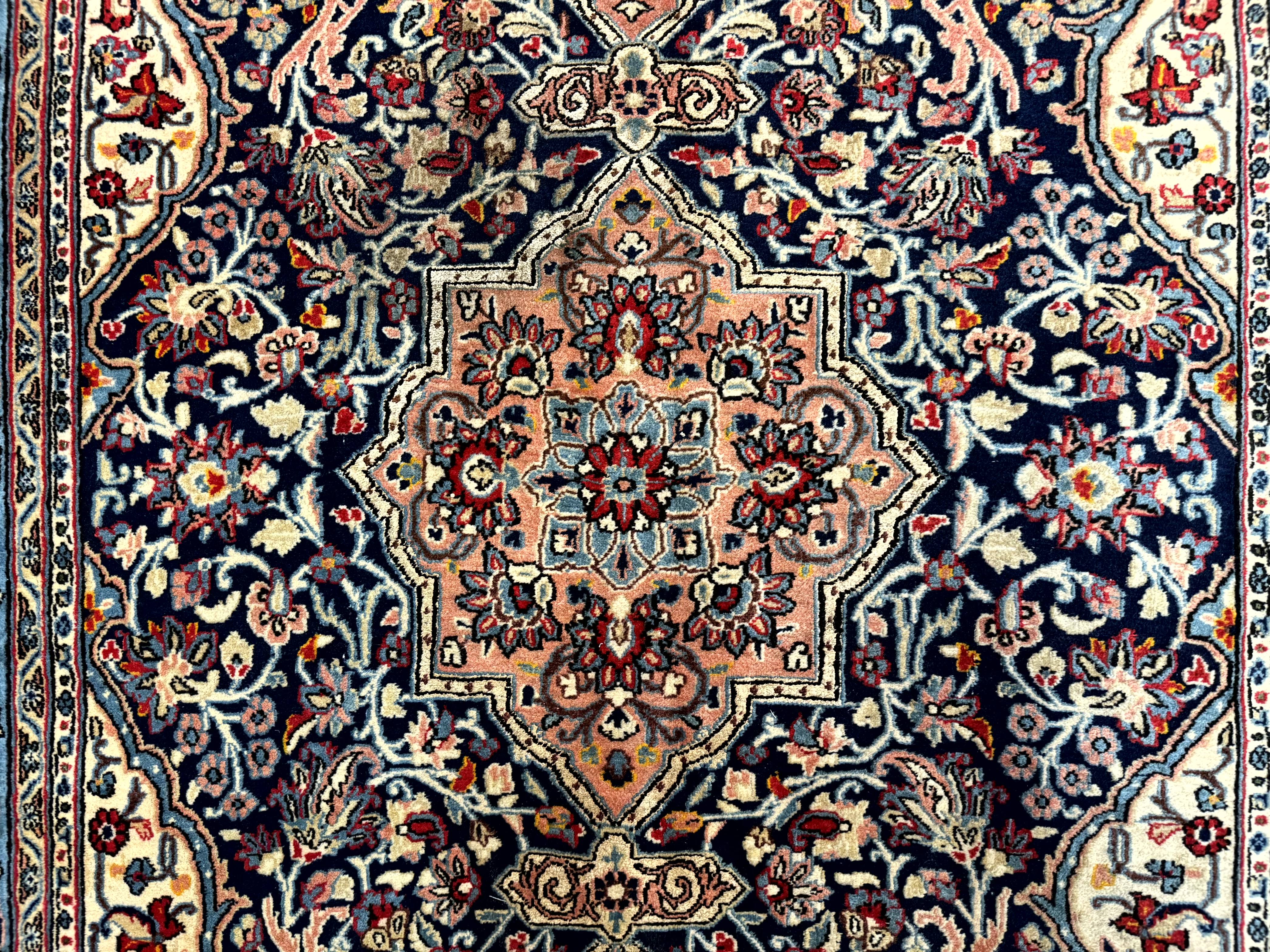 Persian Qum Rug 5x7 in Navy Light Blue and Ivory, Wool wilh Silk Highlights, 225 KPSI - Jewel Rugs