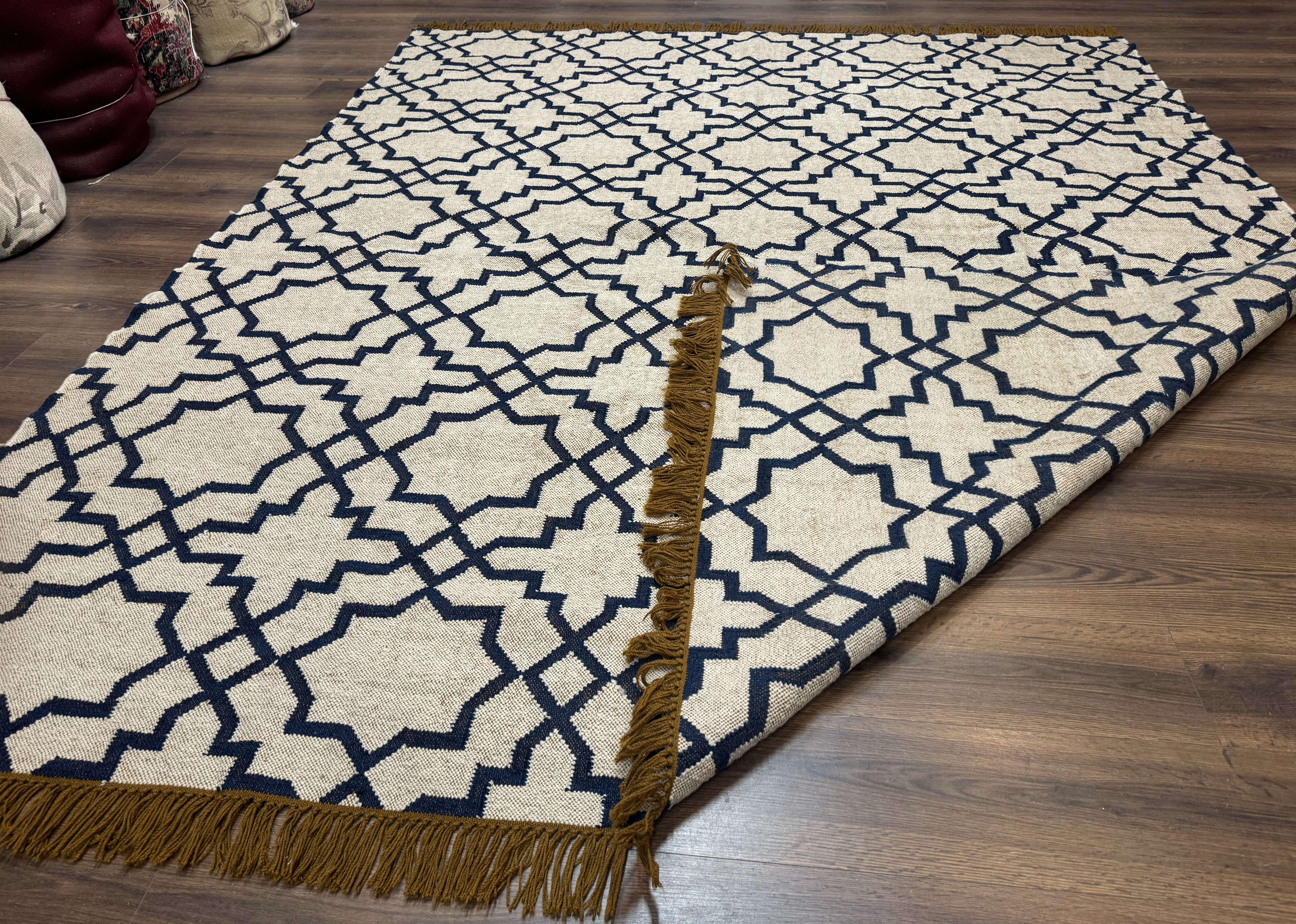 Indian Kilim Rug 8x10, Oat and Navy Blue, Dhurrie Carpet, Handmade, Wool - Jewel Rugs