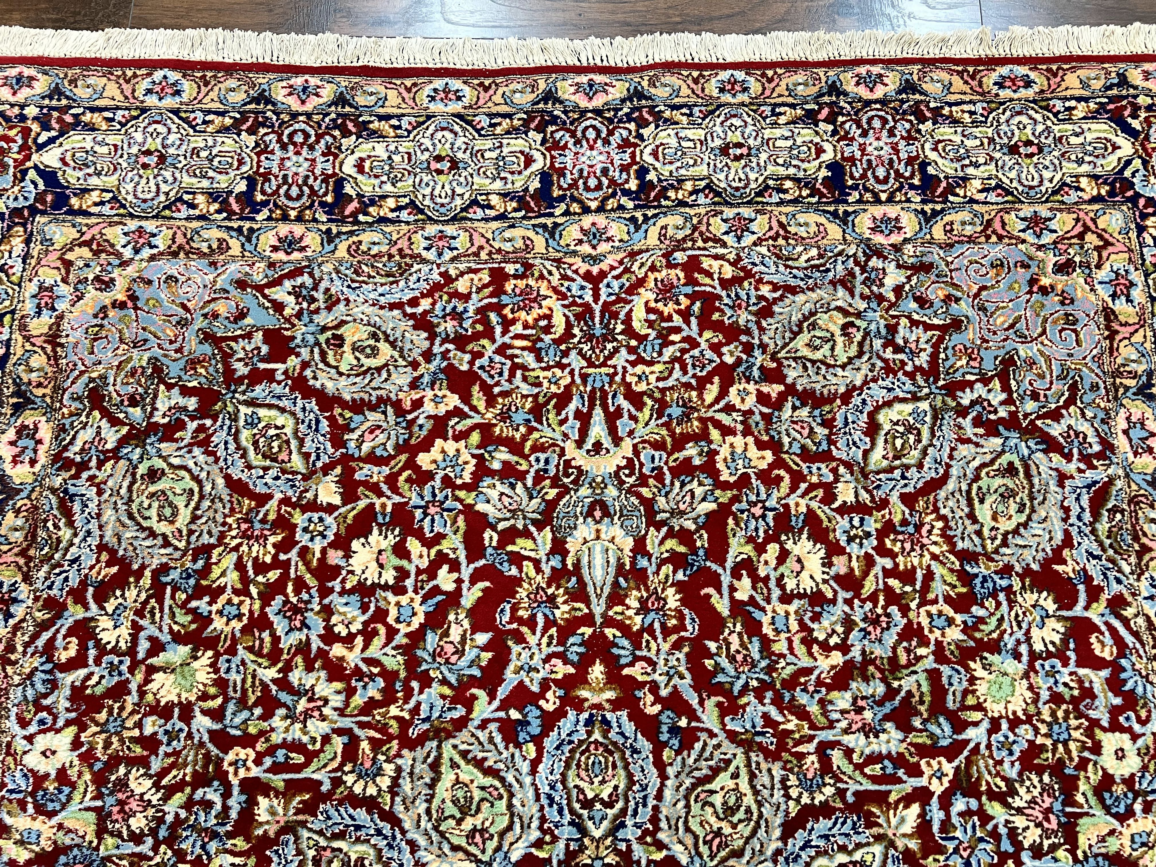 Persian Rug 7x10, Kirman Oriental Carpet 7 x 10 ft, Hand Knotted Wool Floral Medallion Semi Antique Persian Rug, Dark Red Light Blue Vintage - Jewel Rugs