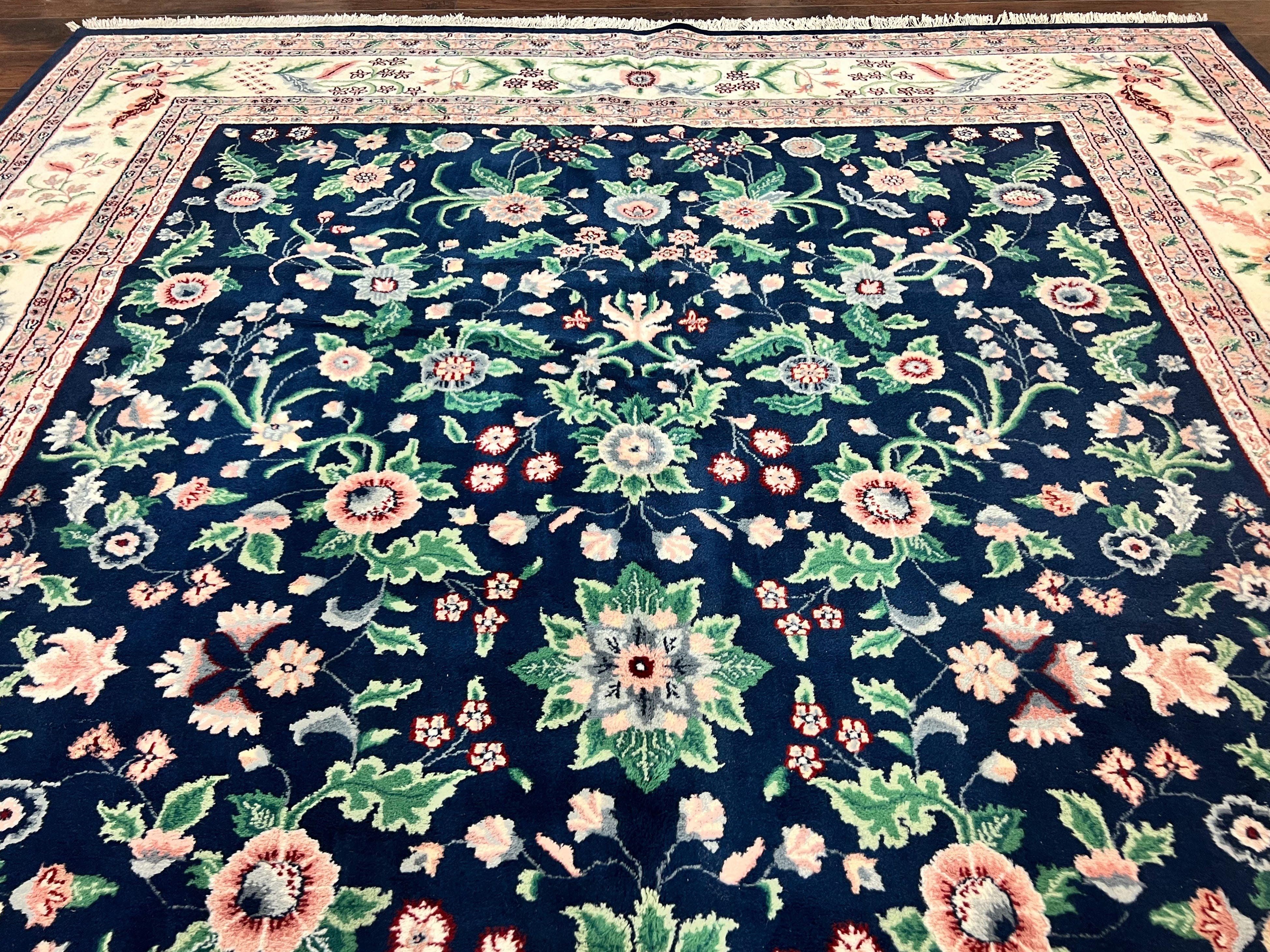 Indo Persian Rug 9x12, Wool Hand Knotted Vintage Carpet, Navy Blue & Ivory, Floral Allover Oriental Rug, 9 x 12 Room Sized Traditional Rug - Jewel Rugs