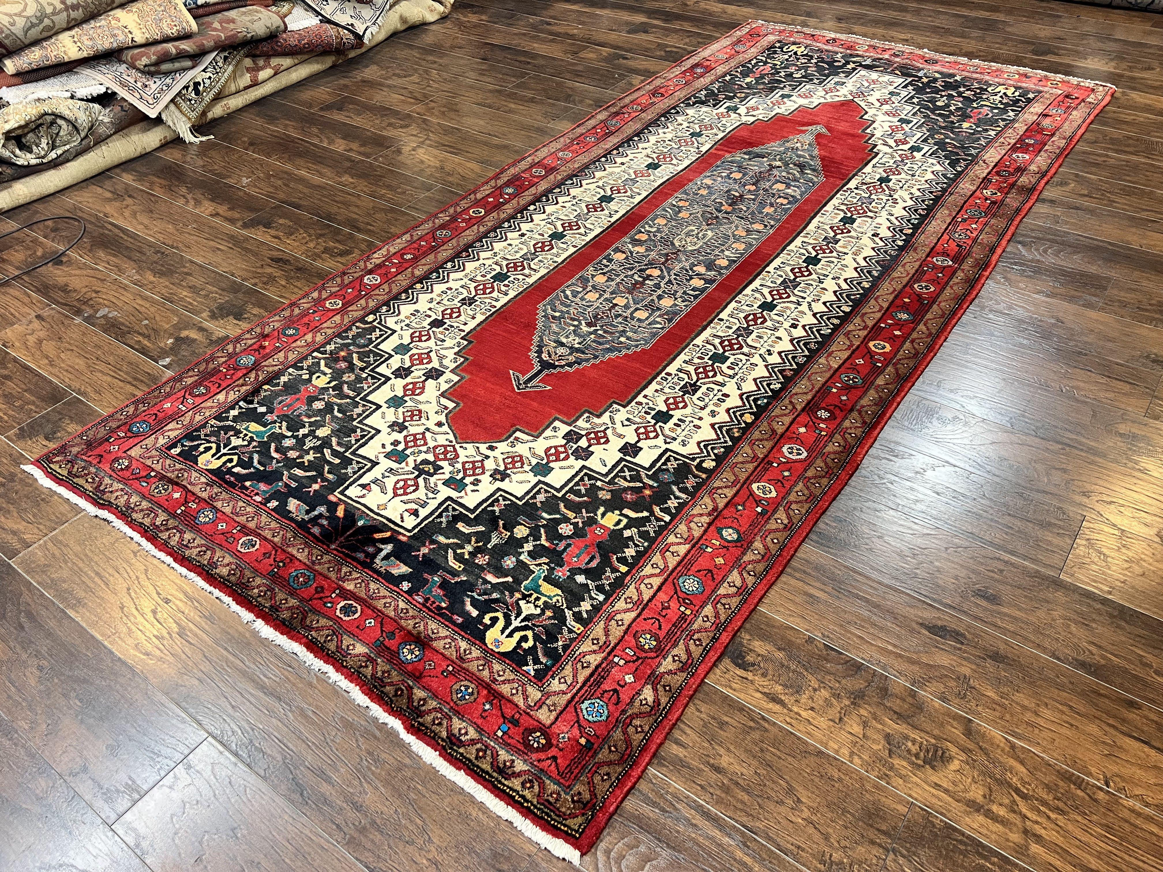 Persian Rug 5x12 ft, Red Cream Navy Blue, Pictorials, Hand Knotted Handmade Wide Runner Tribal Bidjar Semi Antique Wool Geometric Oriental Rug - Jewel Rugs