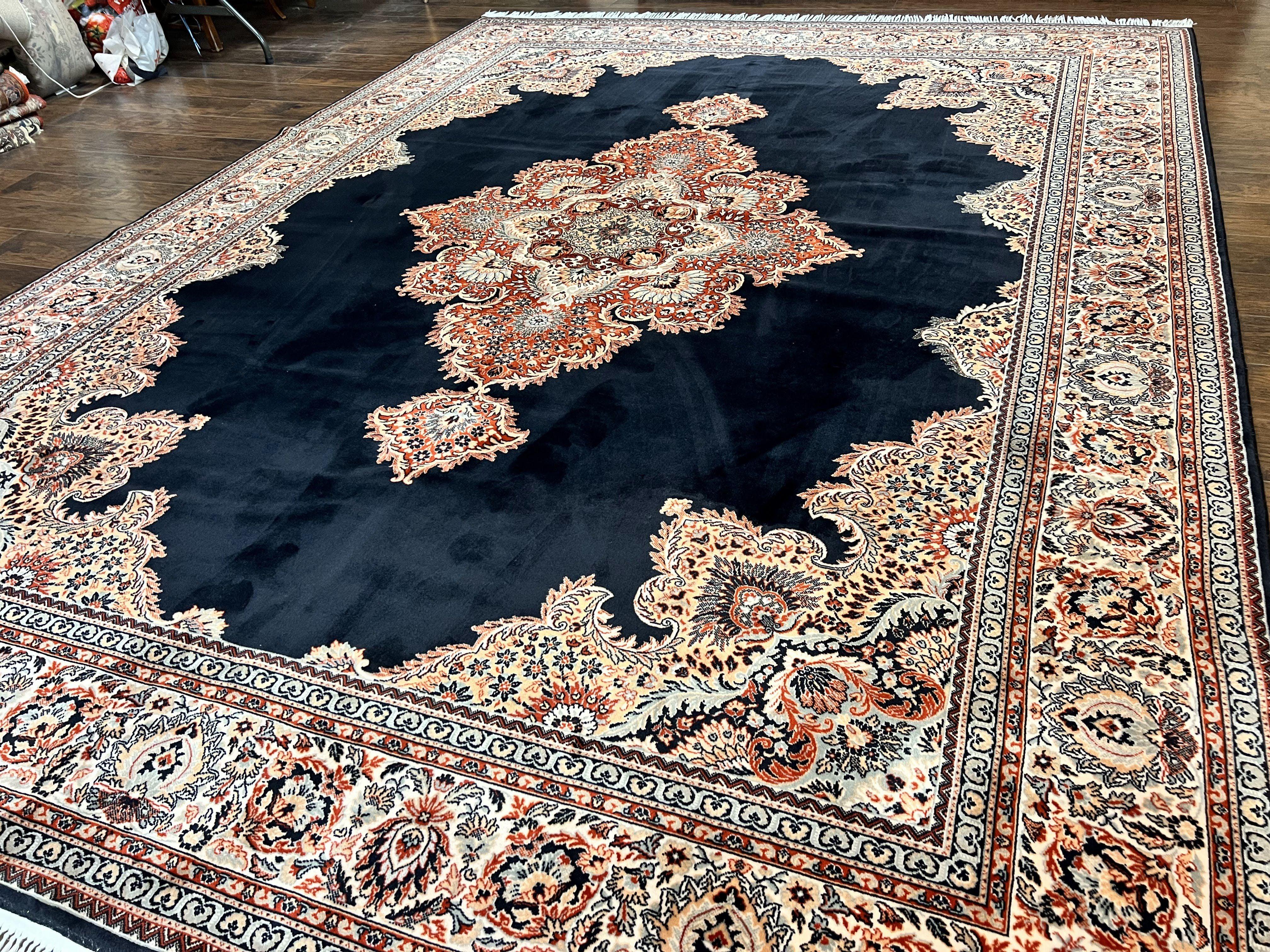 Karastan Rug 10x13, Karastan Ebony Kirman Rug, Room SIzed Wool Pile Vintage Karastan Carpet, Belgium Power Loomed Rug, Black Semi Open Field - Jewel Rugs