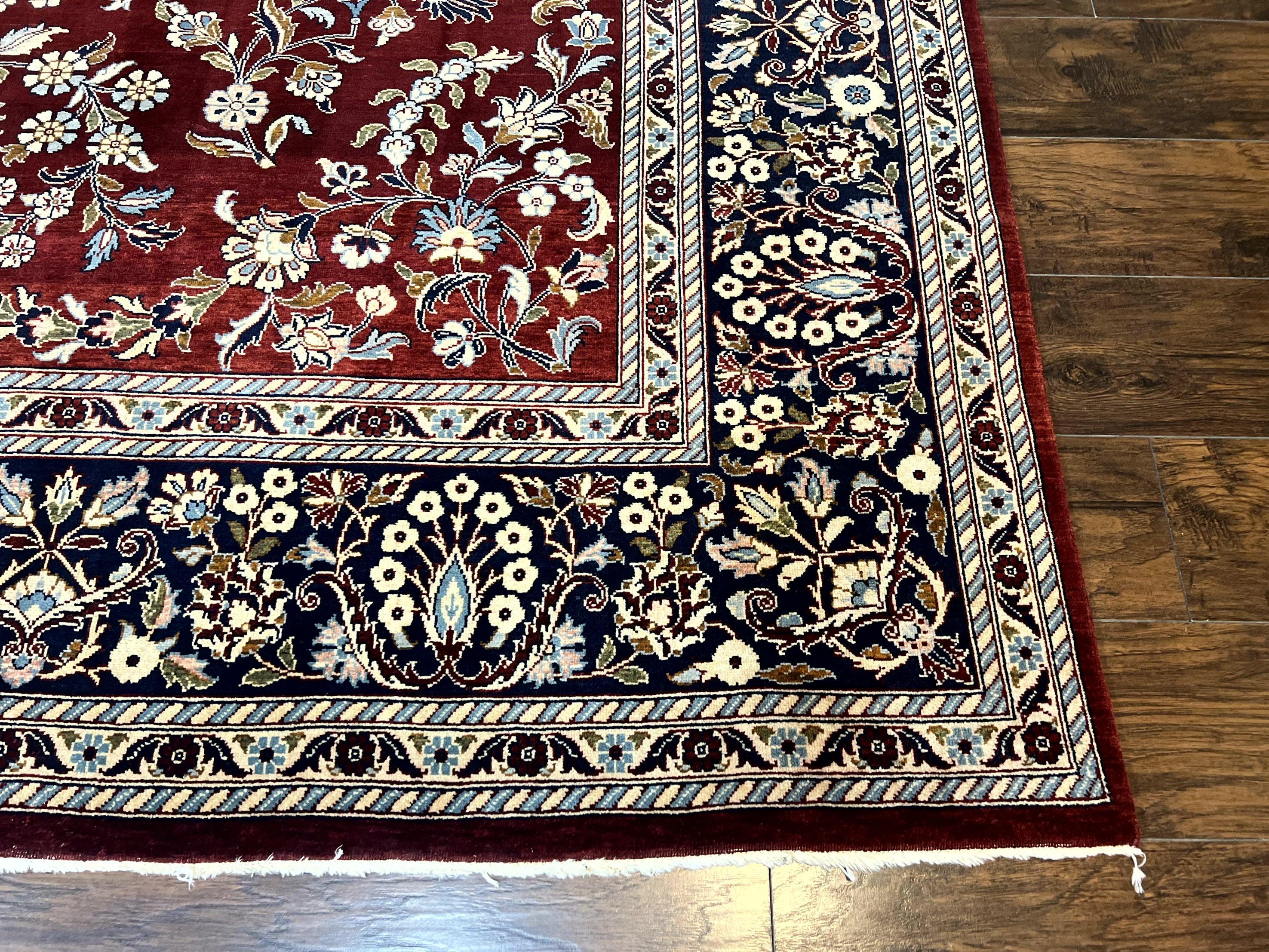 Indo Persian Sarouk Rug 9x12, Floral Allover, Dark Red & Navy Blue, Handmade Vintage Wool Carpet - Jewel Rugs