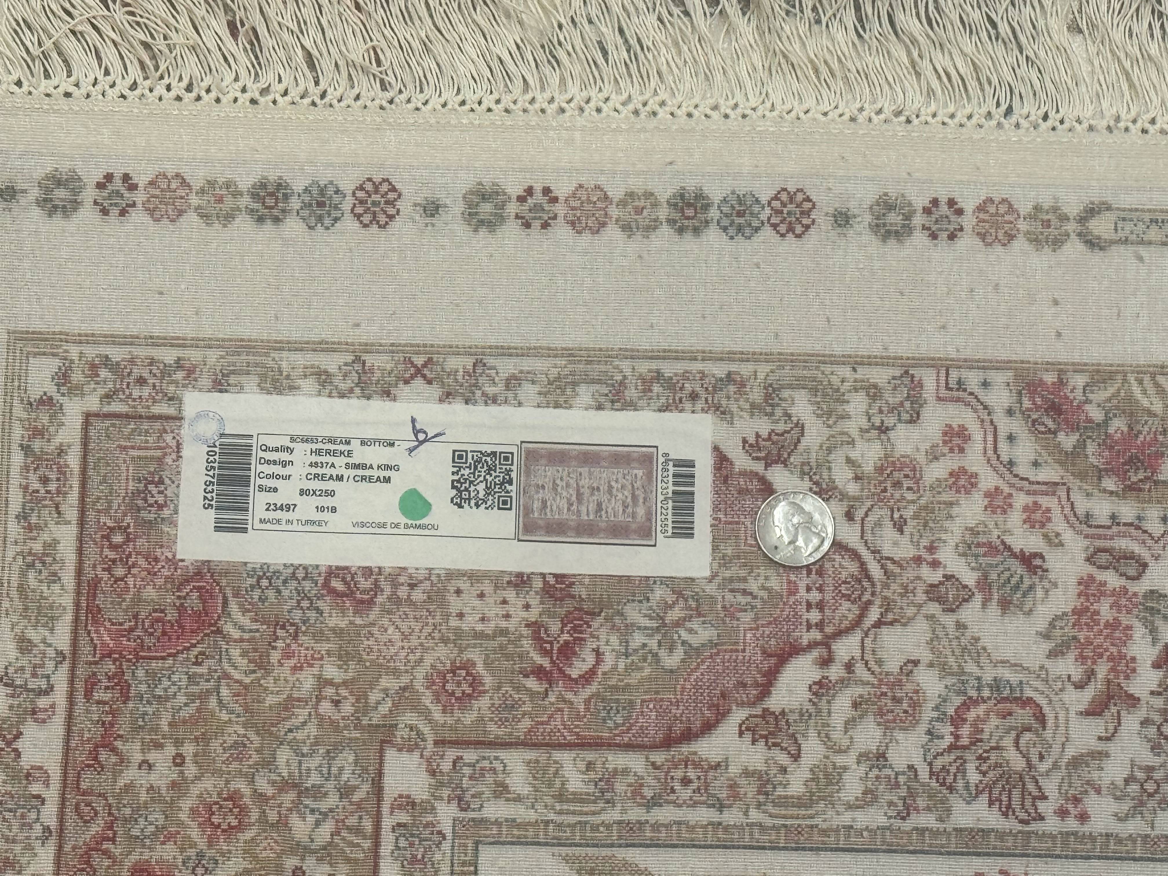 Turkish Silk Runner Rug 2.6 x 8, Hunting Design, Ivory, Bamboo Silk, New - Jewel Rugs