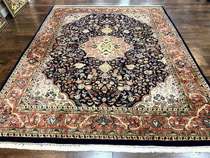 Indo Persian Rug 8x10, Midnight Blue & Red, Handmade Vintage Wool Carpet, Floral Medallion