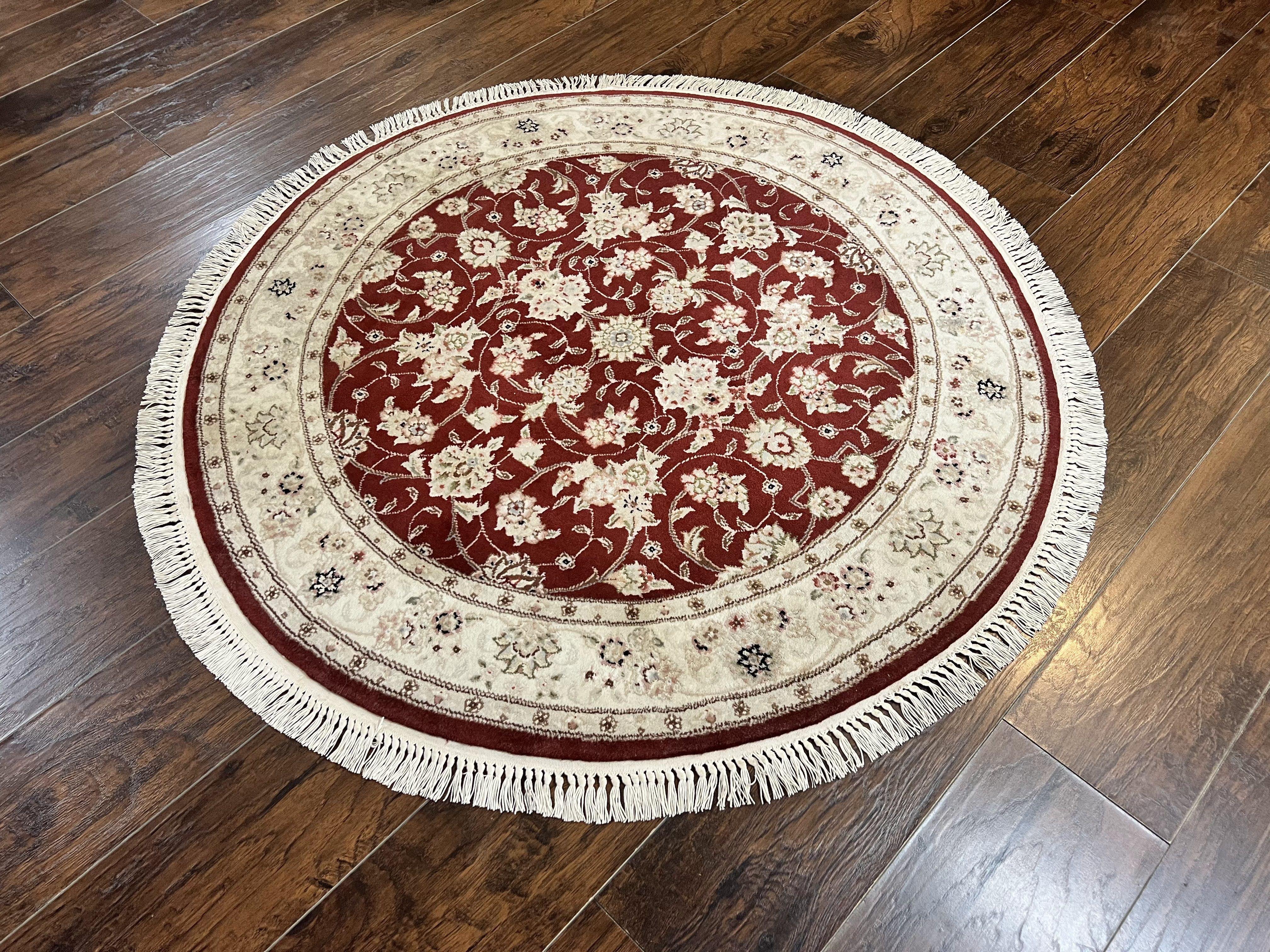Sino Persian Round Rug 4x4, Wool Hand Knotted Oriental Carpet, Maroon & Ivory Vintage Rug, Floral Rug, Traditional Rug 4 x 4, Fine Rug - Jewel Rugs