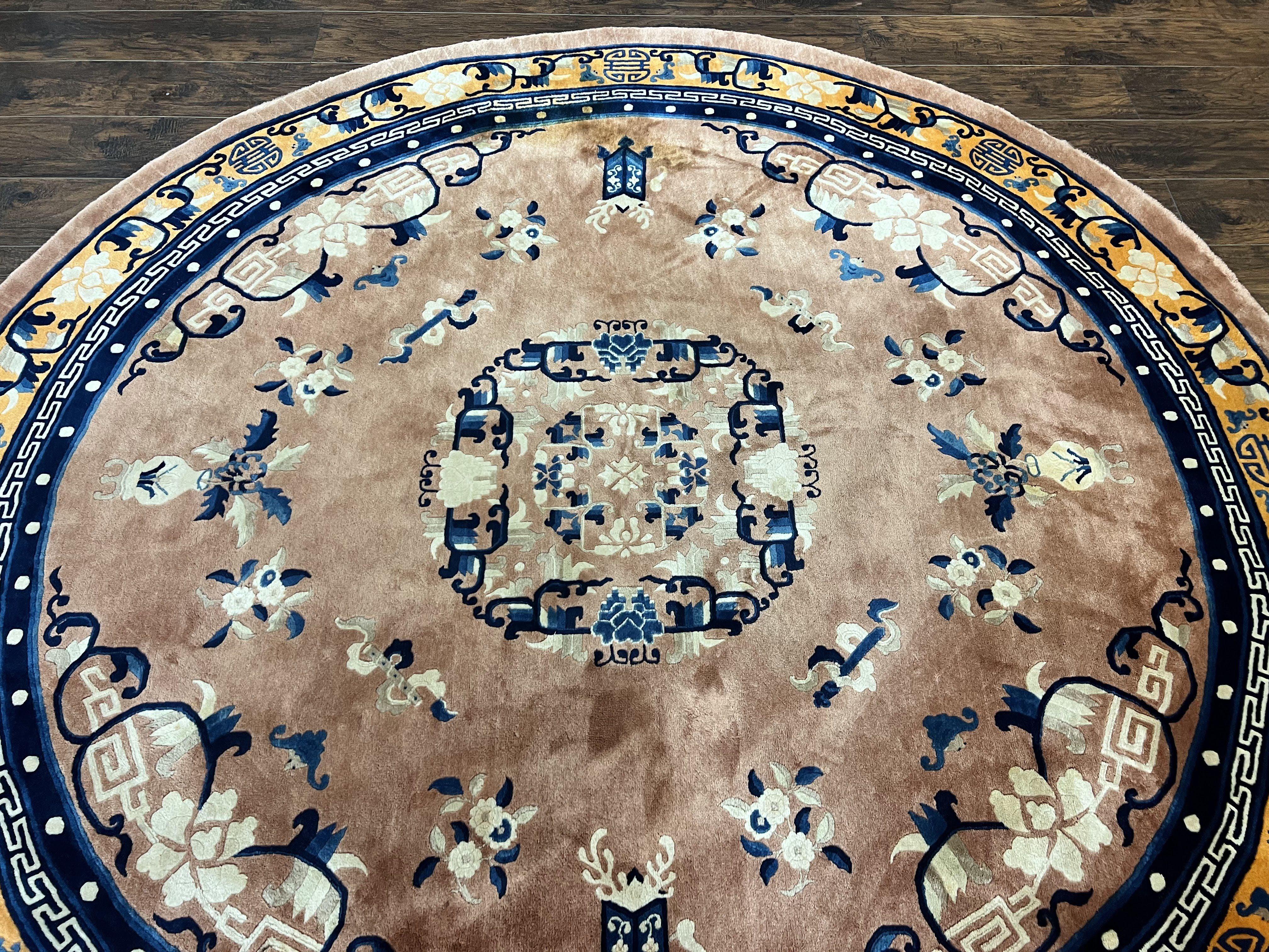 Antique Round Chinese Wool Rug 8x8, Chinese Peking Carpet, Asian Oriental Carpet 8 x 8 ft, Chinese Art Deco Rug, Nichols Rug - Jewel Rugs