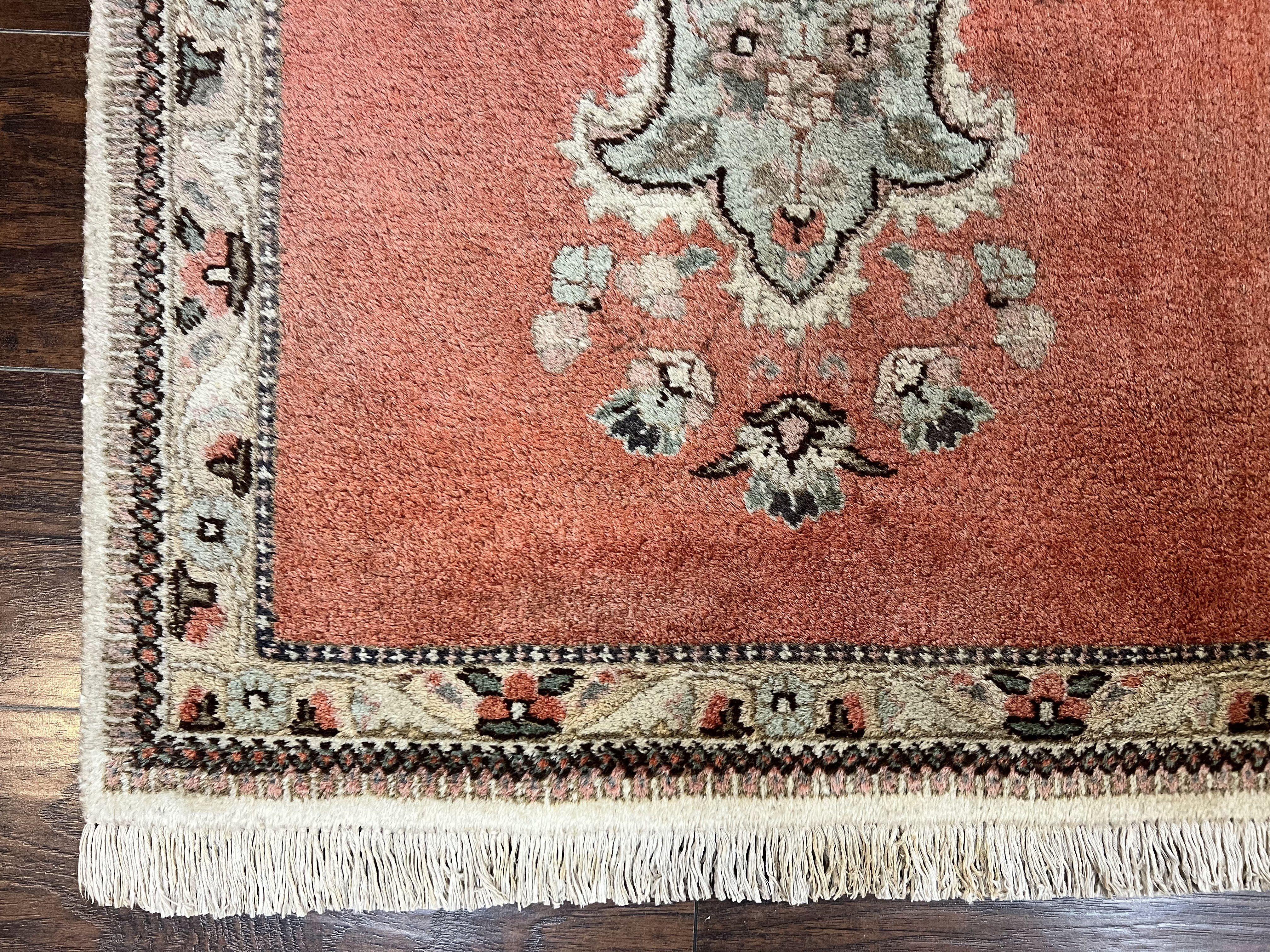 Persian Tabriz Runner Rug 3 x 12, Vintage Hand Knotted Wool Oriental Hallway Carpet, Light Red Beige Tan, Fine Weave, Semi Open Field, Traditional - Jewel Rugs