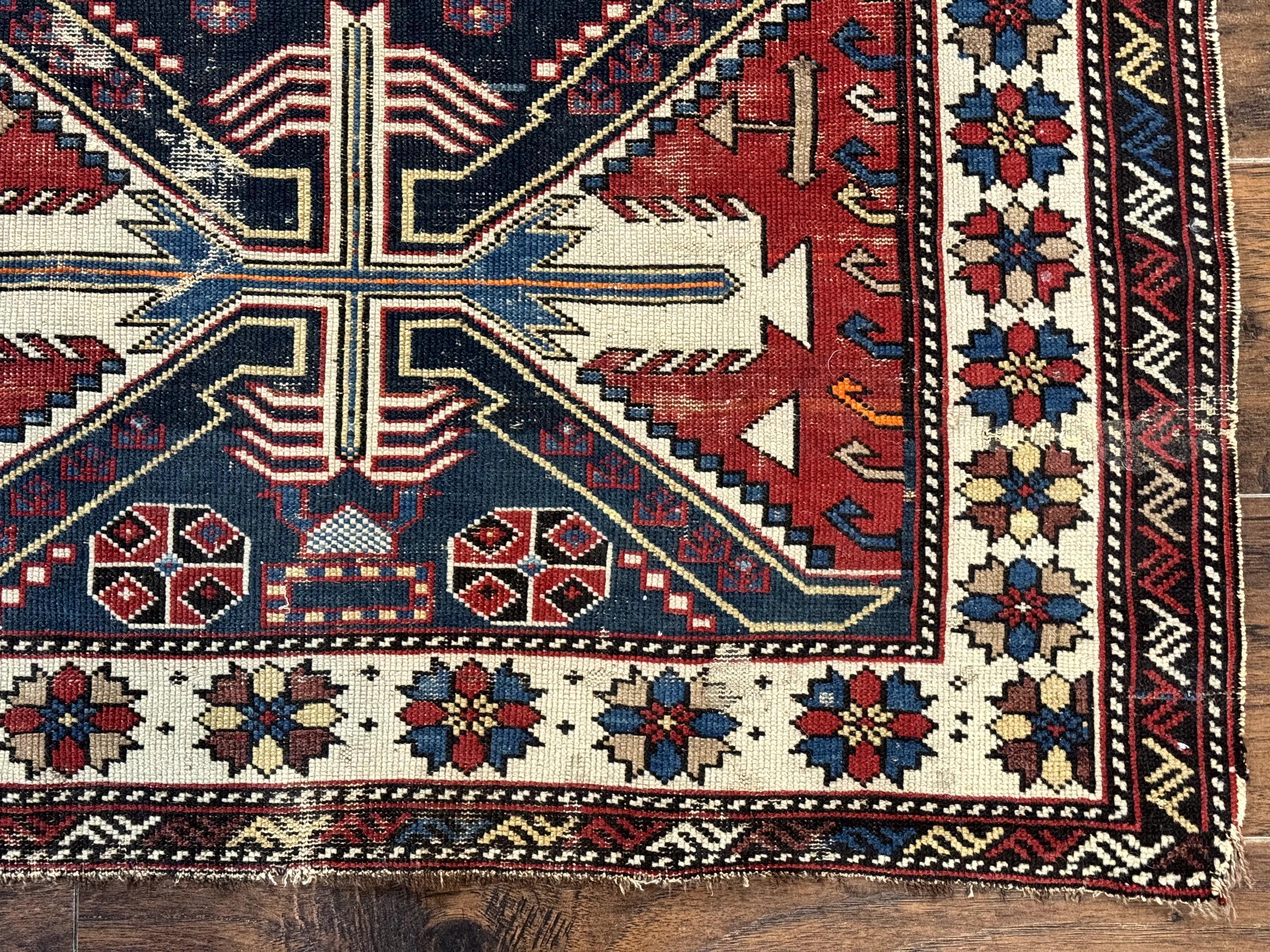 Antique Shirvan Caucasian Rug 3x5, Geometric Pattern, Red Navy Blue Beige - Jewel Rugs