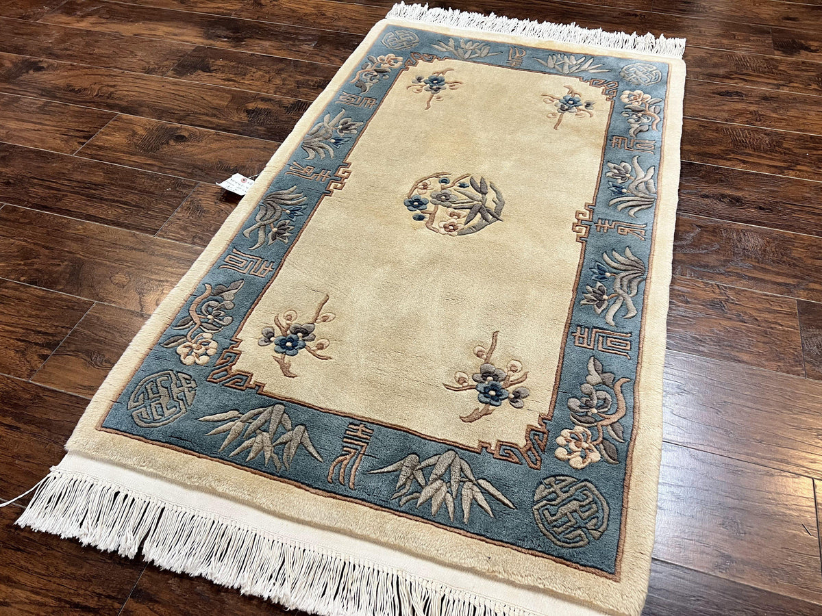Chinese Wool Rug 3x5, Small Chinese 90 Line Art Deco Carpet, Hand Knot