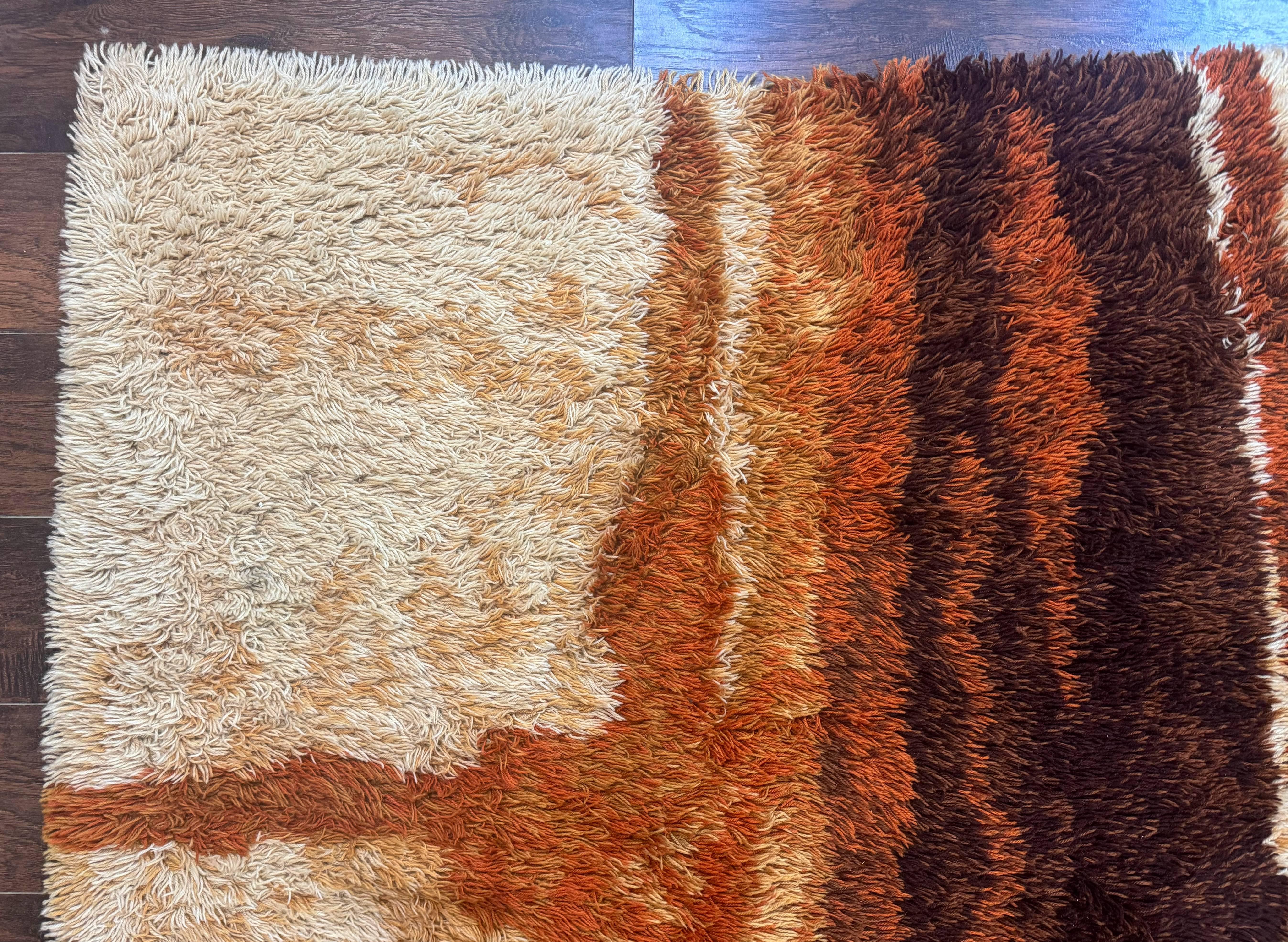 Danish Rya Shag Rug, Mid Century Modern Vintage Retro Abstract Carpet, 5x6, Shades of Brown Cream and Orange - Jewel Rugs