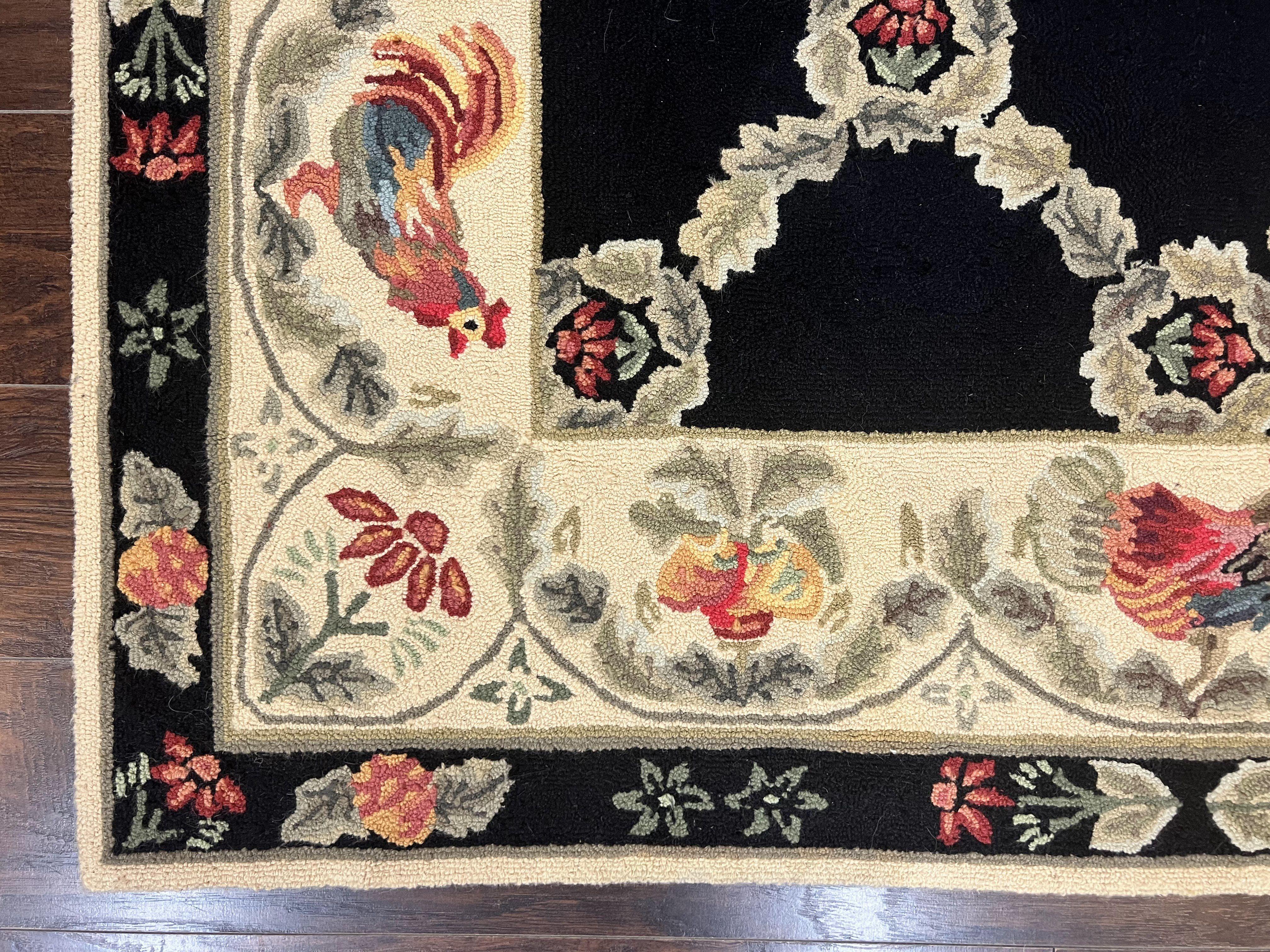 Hooked Rug 5x8, European Aubusson Pattern, Black and Ivory, Roses & Roosters, Vintage Wool Rug - Jewel Rugs