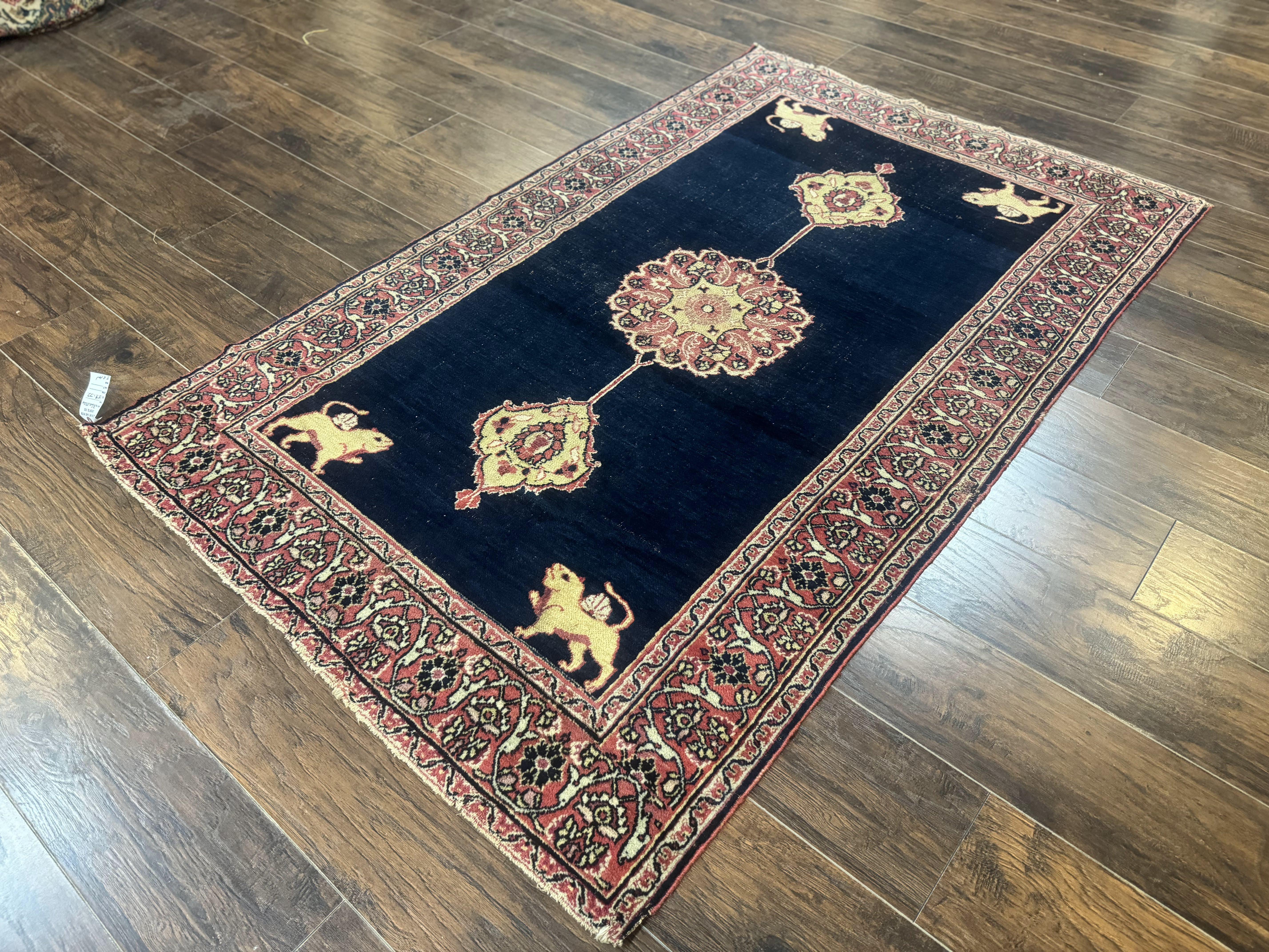 Antique Persian Mashad Rug 4x6, Semi Open Field, Navy Blue, Lion Pictorials, Triple Medallion, Dorokhsh Rug - Jewel Rugs