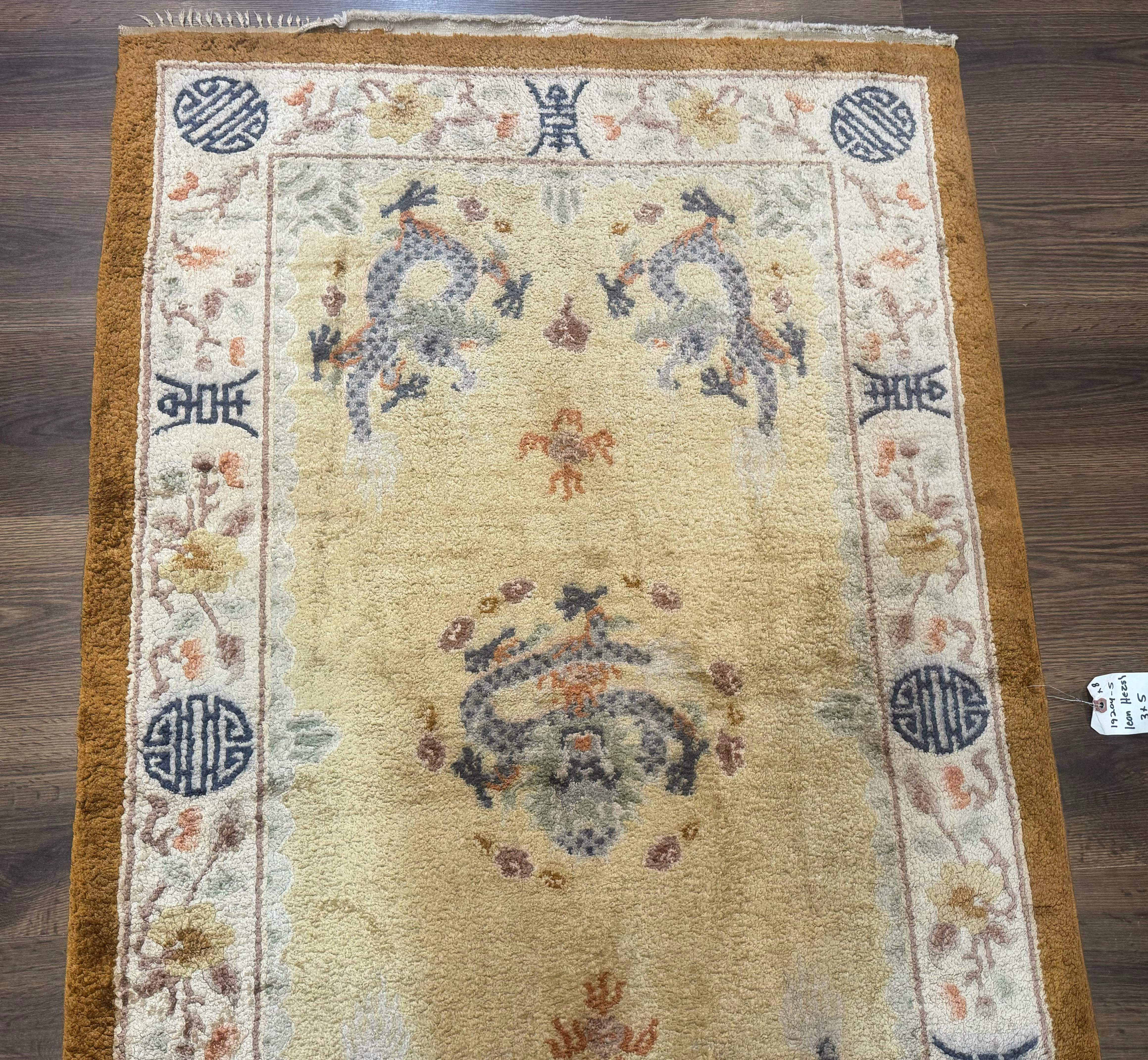 Chinese Silk Rug 3x5, Dragons, Hand Knotted, Cream - Jewel Rugs