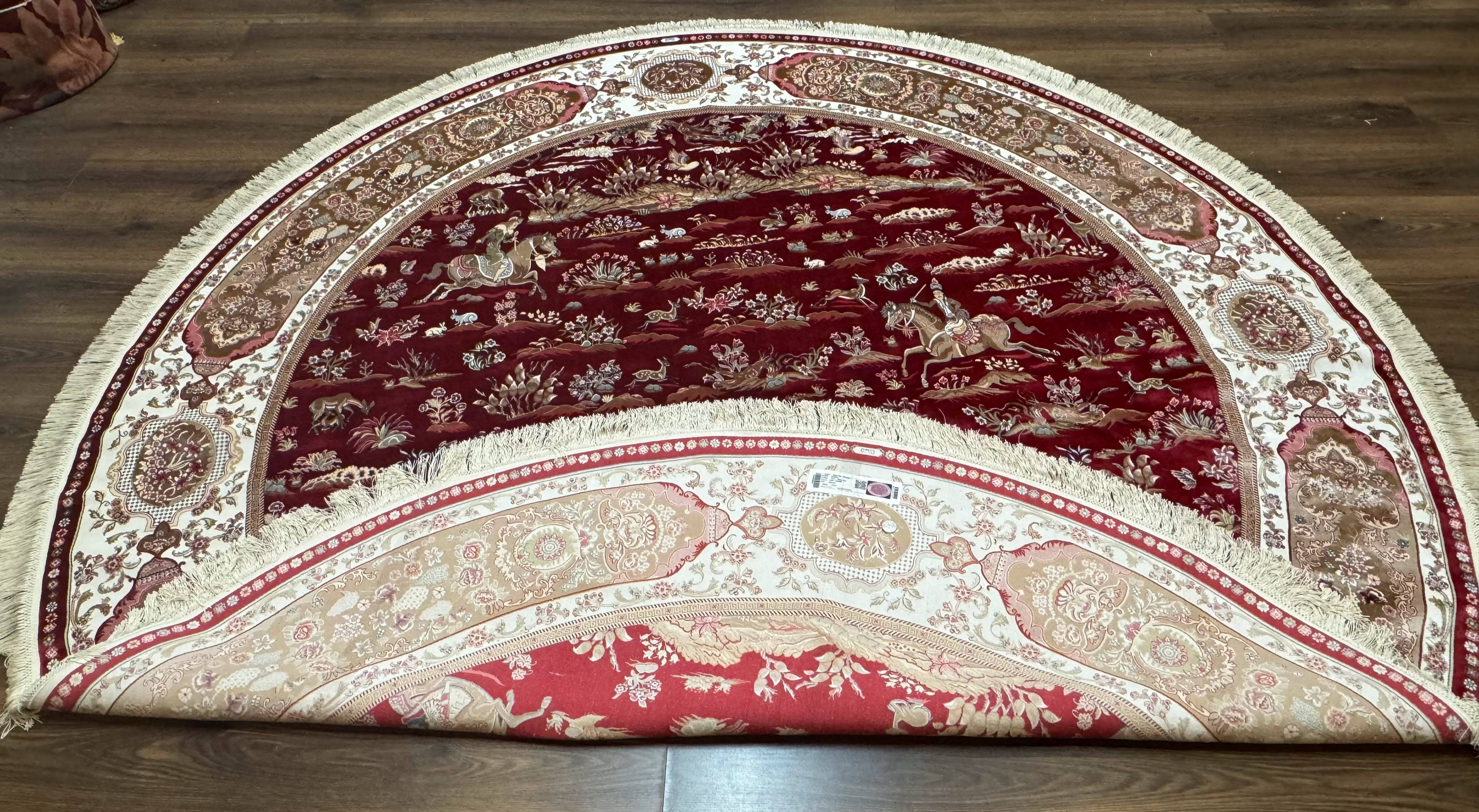 Large Round Turkish Silk Rug 8x8, Hunting Design, Dark Red & Ivory, Bamboo Silk - Jewel Rugs