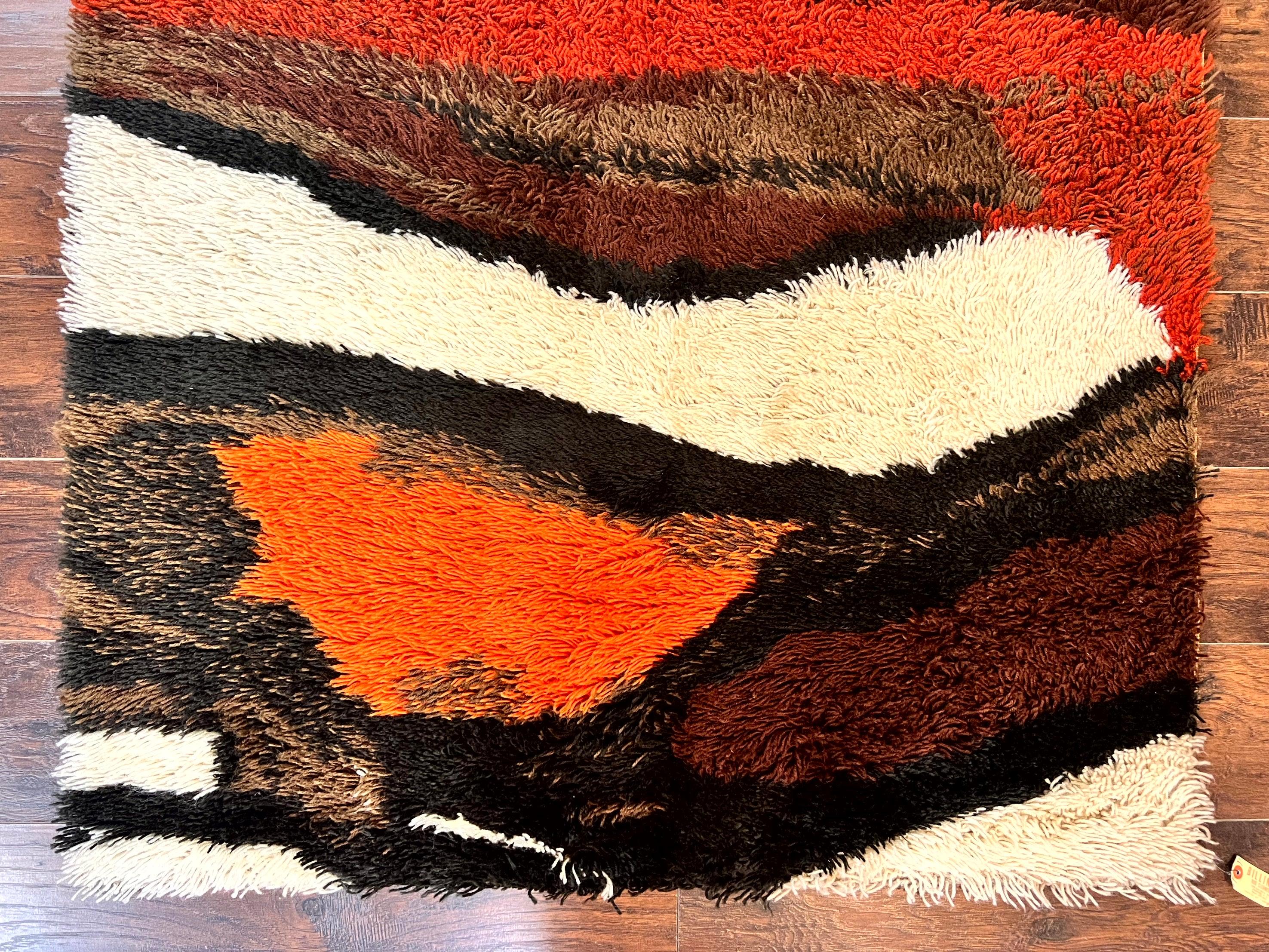 Danish Rya Rug 4x6, Mid Century Modern Abstract EGE Rya Carpet, Vintage Retro Shag Rug, Orange Brown Ivory Black - Jewel Rugs