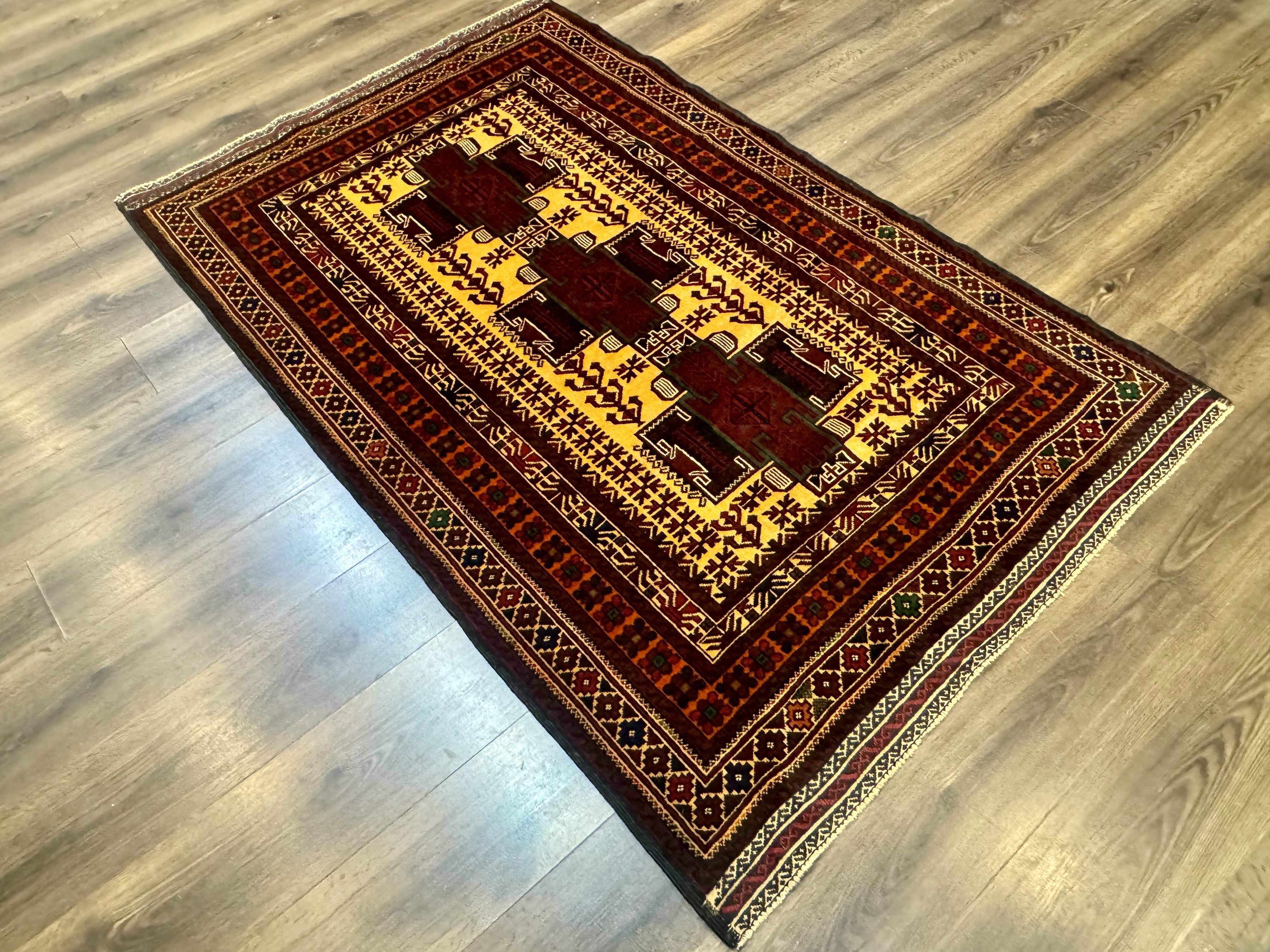 Persian Baluch Rug 4x7 – Golden Yellow and Burgundy, Hand-Knotted Wool Tribal Carpet - Jewel Rugs