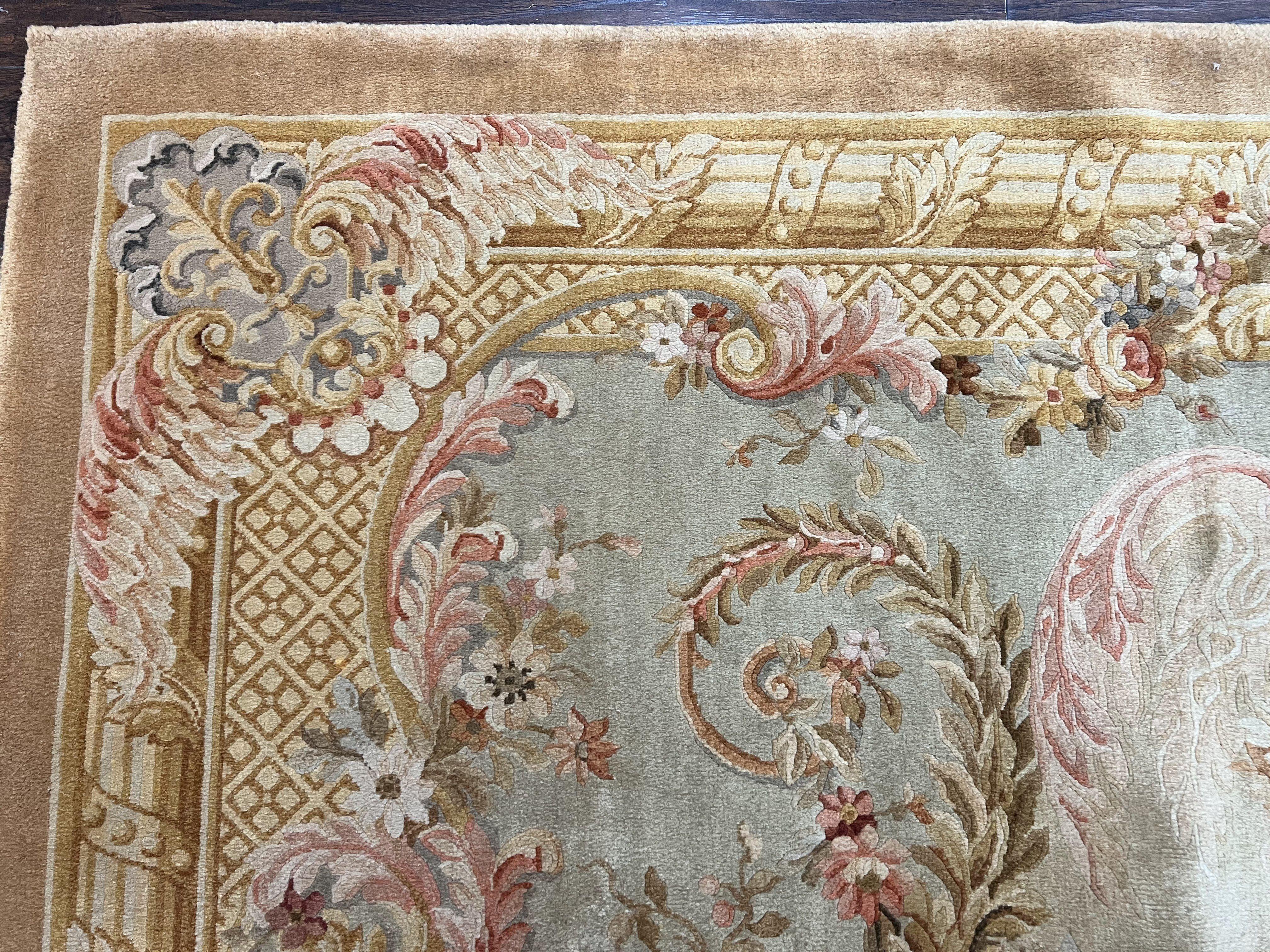 Aubusson Rug 9x12, Wool Hand Knotted Vintage Carpet, European Design, Elegant Room Sized Rug 9 x 12 - Jewel Rugs