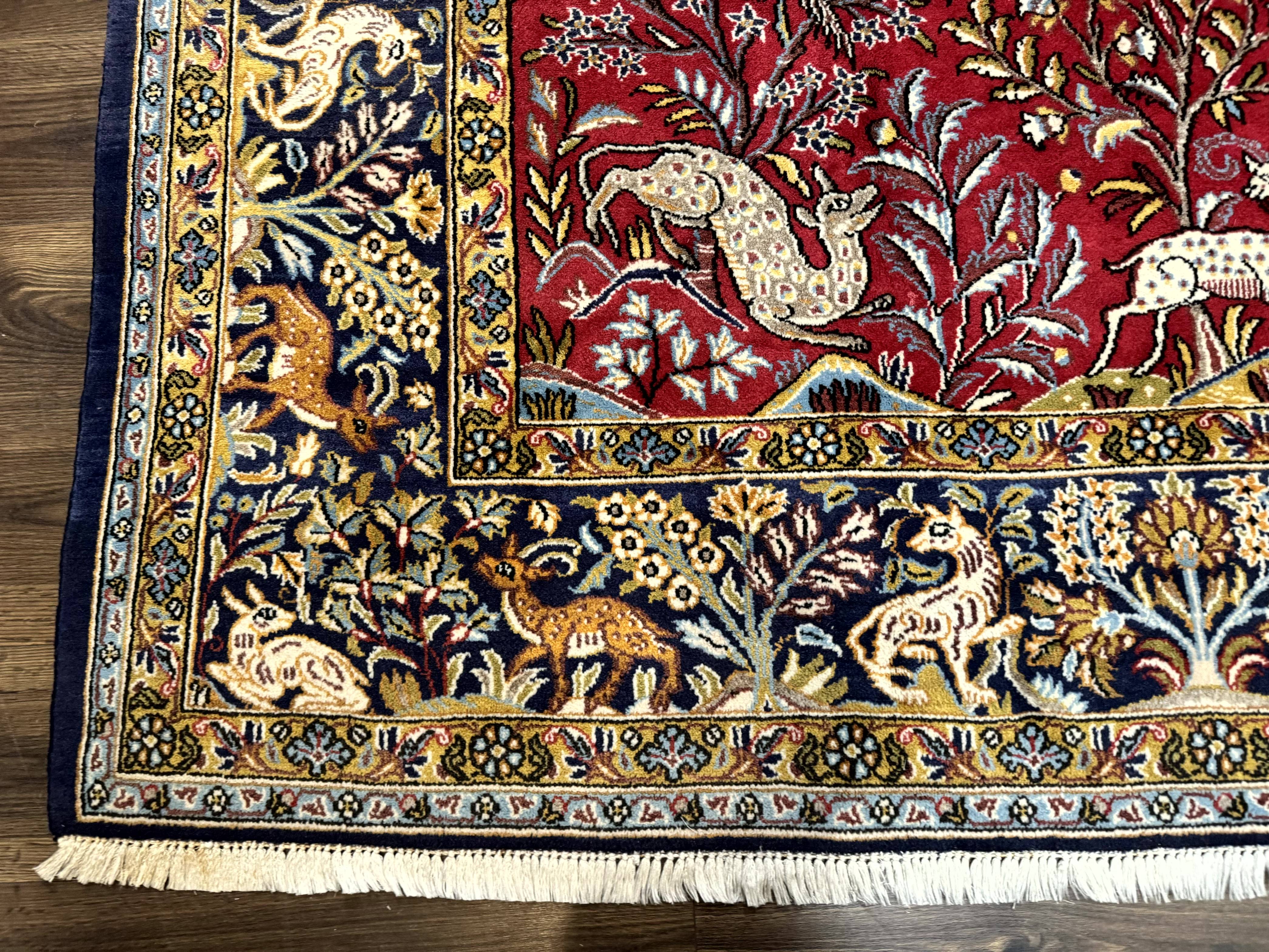 Persian Qum Rug 9x12, Animal Pictorials, Deer Birds, Tree of Life, Red and Navy Blue - Jewel Rugs