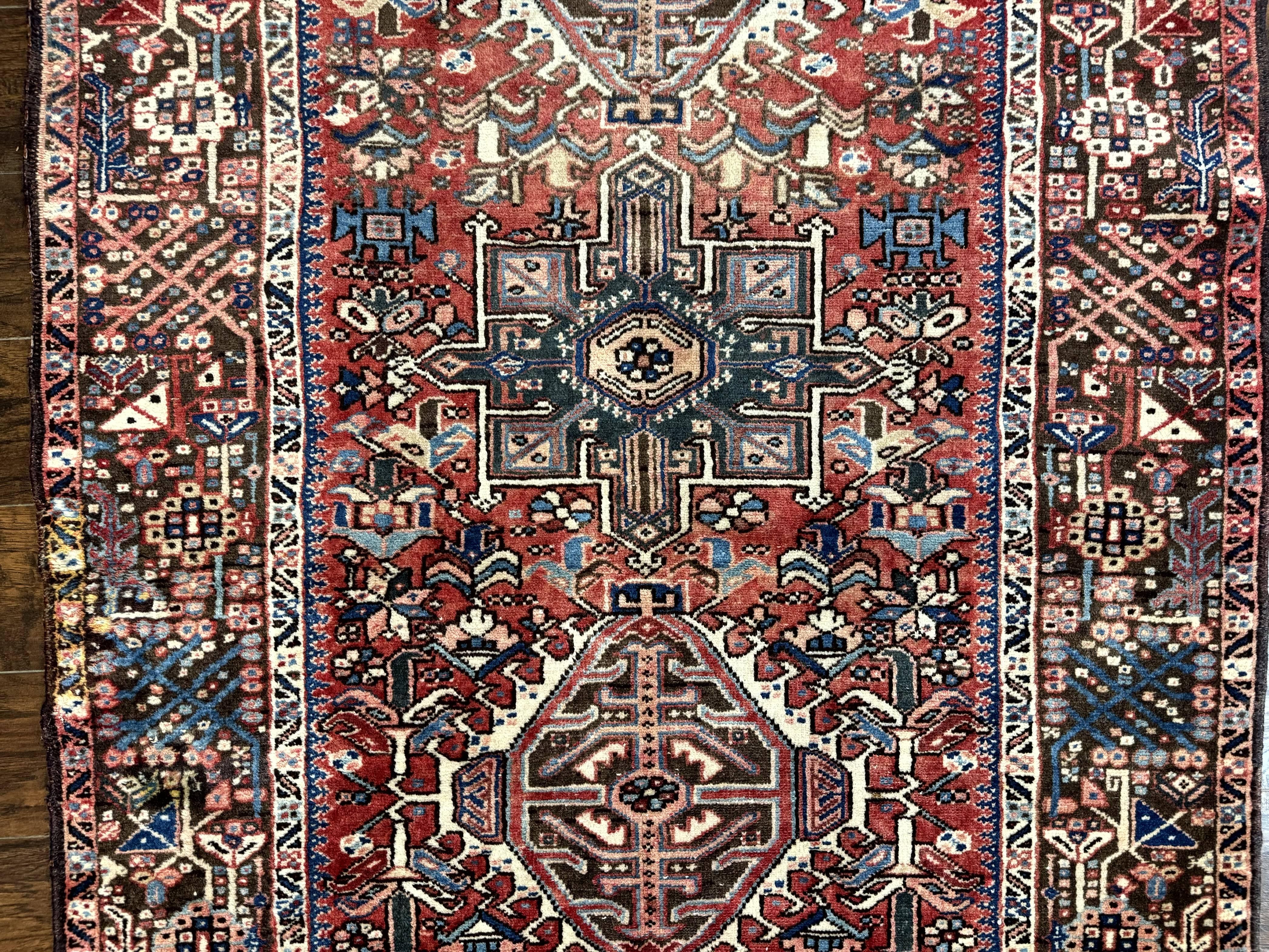 Perisan Heriz Rug 5x13, Wide Runner Rug, Geometric Medallions Tribal Carpet, Antique, Red, Rare Size, Wool Handmade Runner - Jewel Rugs