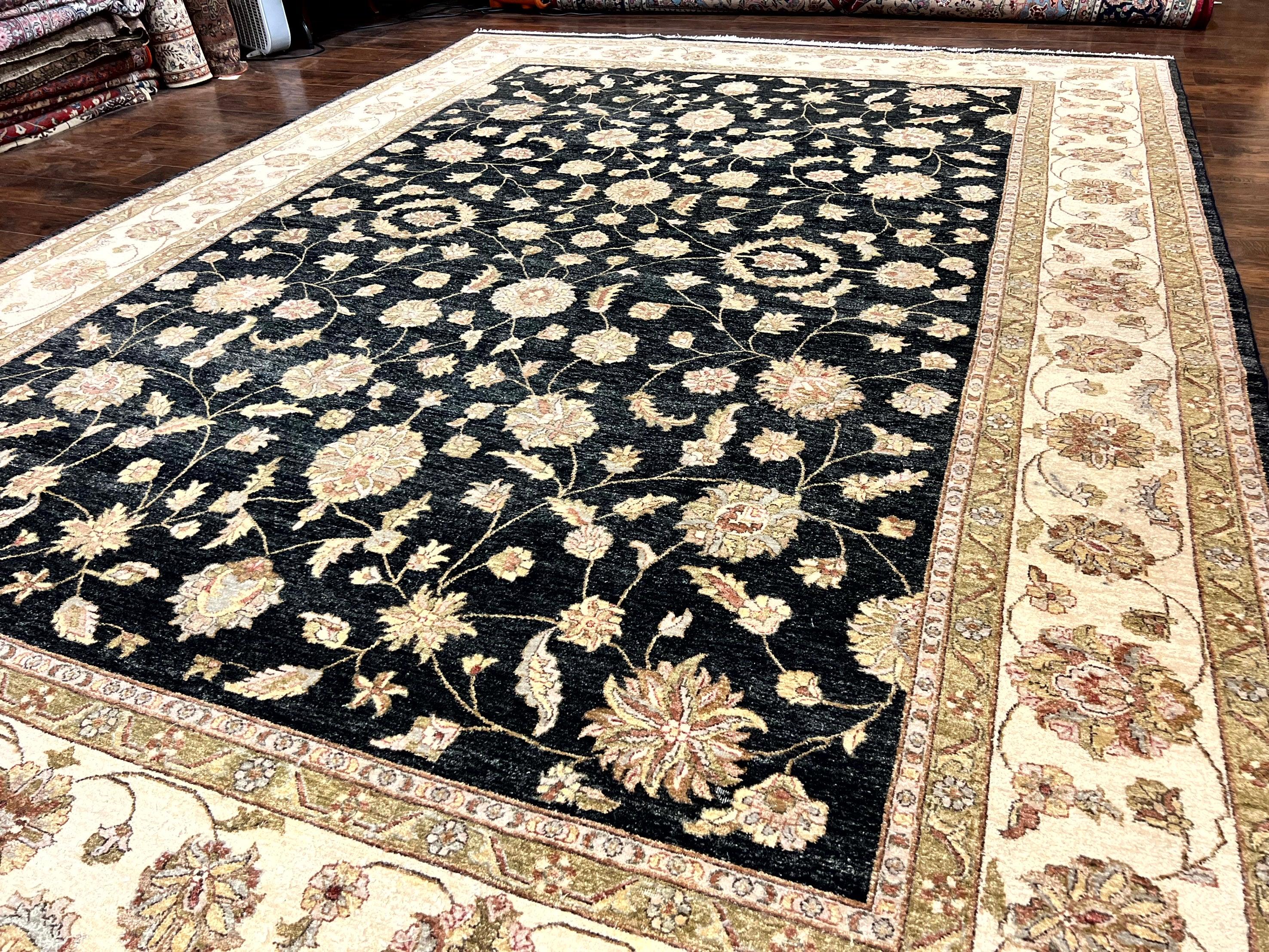 Indo Persian Rug 10x14, Charcoal and Beige, Floral Allover, Handmade Vintage Wool Carpet - Jewel Rugs